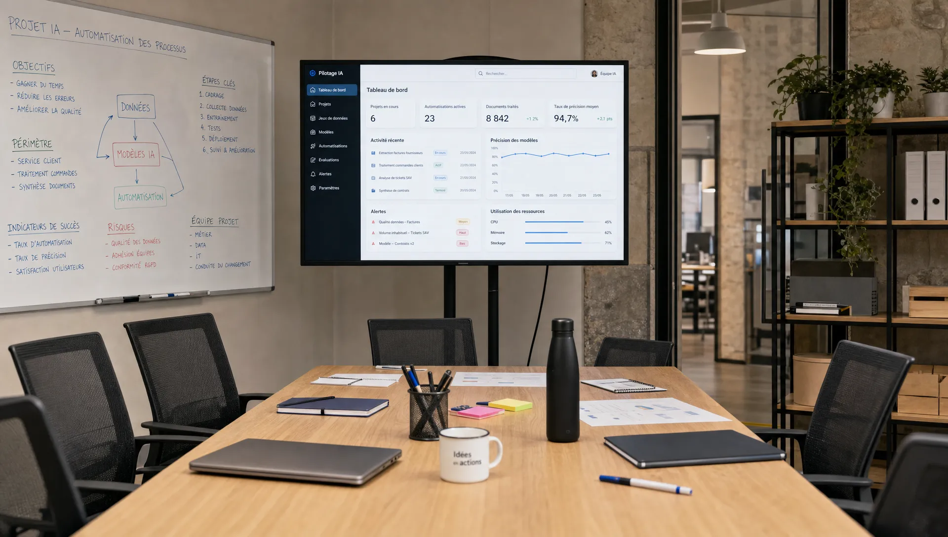 Une salle d’opérations PME prête pour un cadrage IA, avec tableau de processus et écran de tableau de bord.
