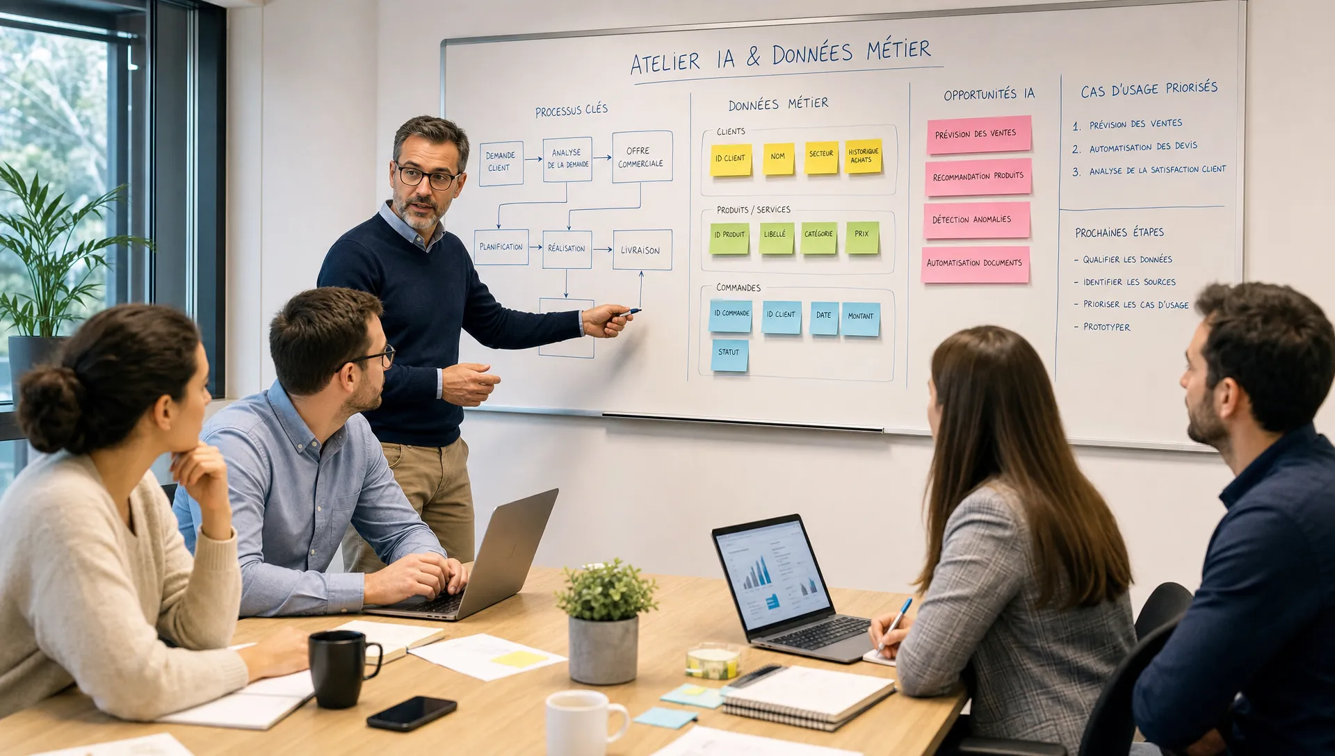 Un expert IA et une équipe PME cadrent un atelier autour d’un tableau de processus et de données métier.