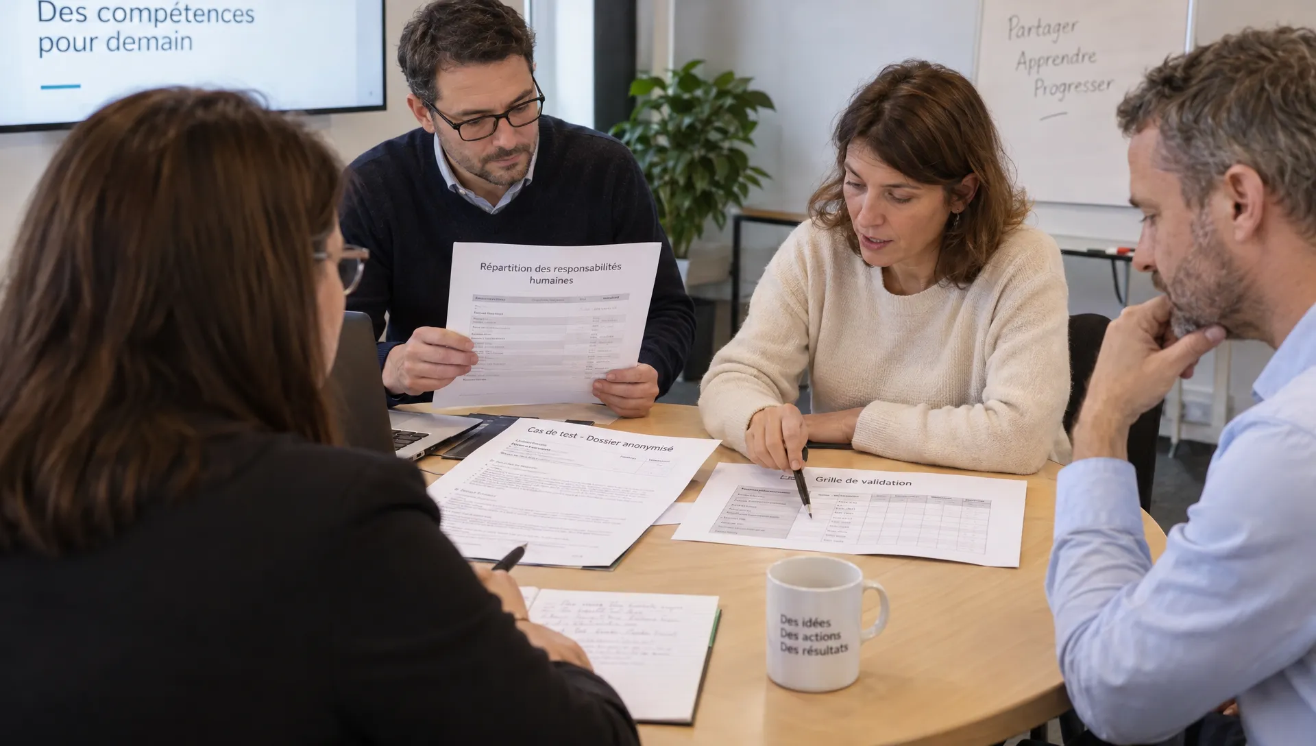 Des collègues de PME confrontent des dossiers anonymisés à une grille de validation lors d’une séance de conseil en IA.