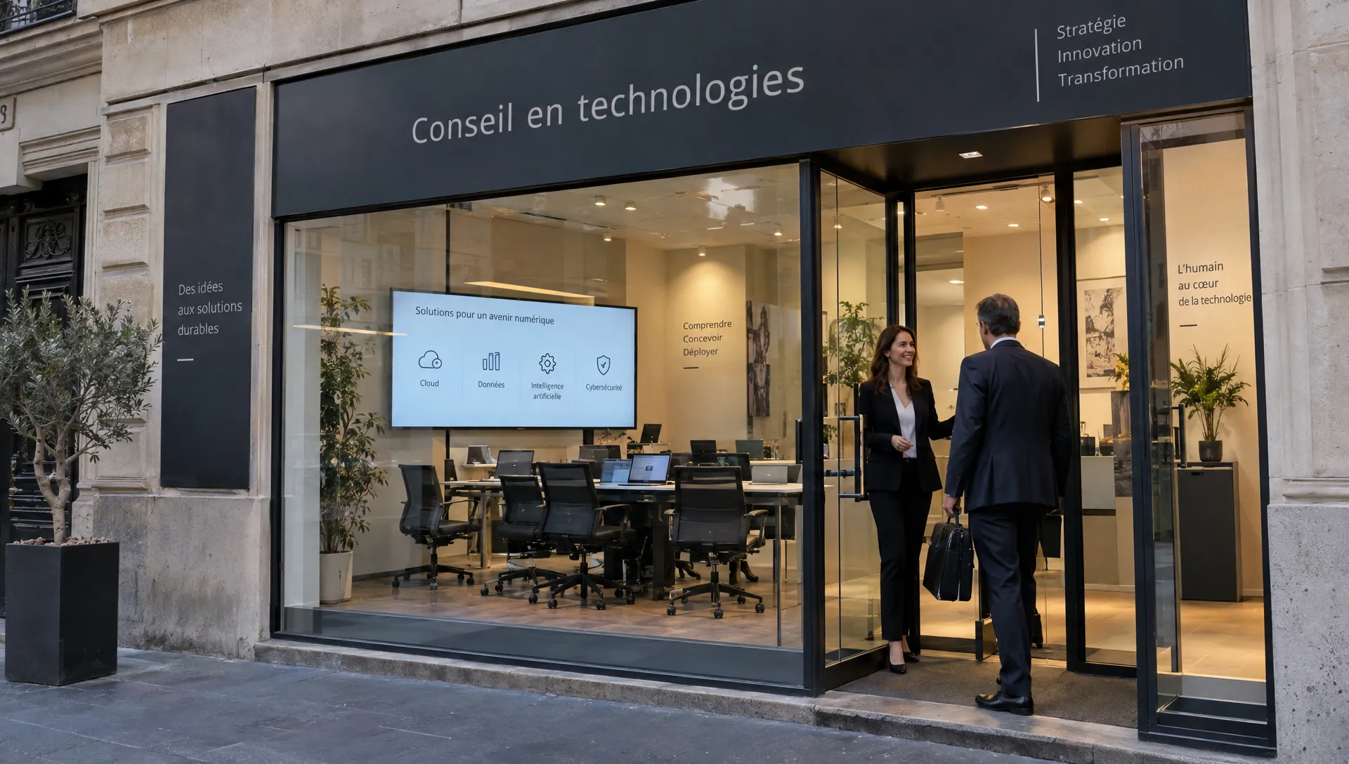 Une consultante accueille un dirigeant dans un cabinet parisien où ils vont examiner un projet d’intelligence artificielle.