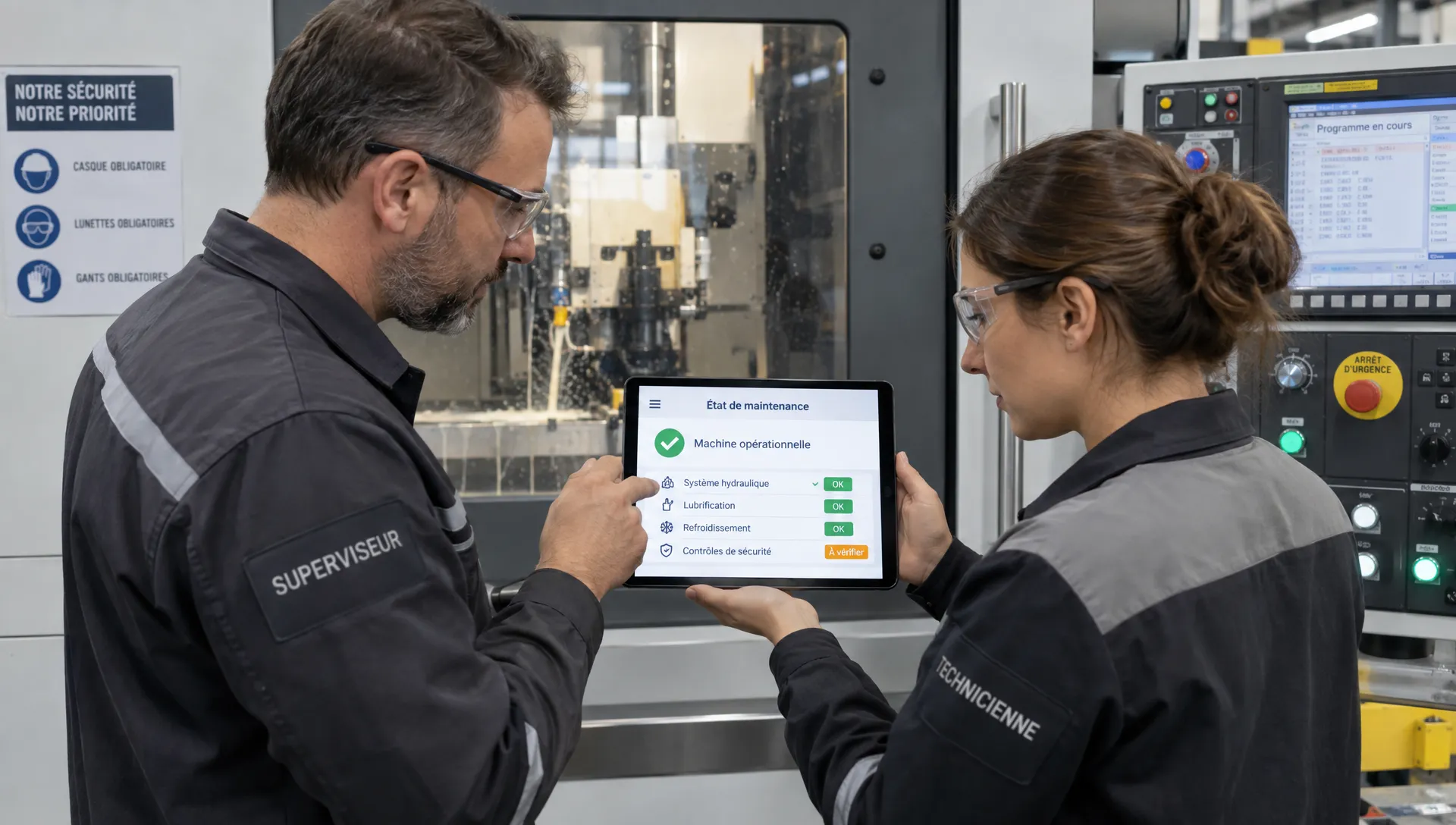 Un technicien et un responsable de production consultent un état de maintenance sur une tablette près d’une machine en marche.