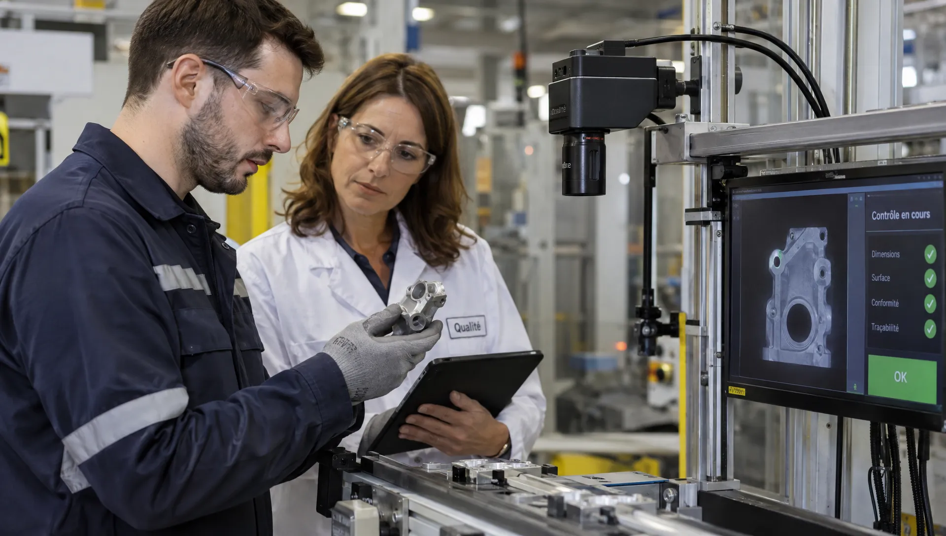 Un technicien et une responsable qualité examinent une pièce métallique près d’une caméra de contrôle installée sur la ligne de production.