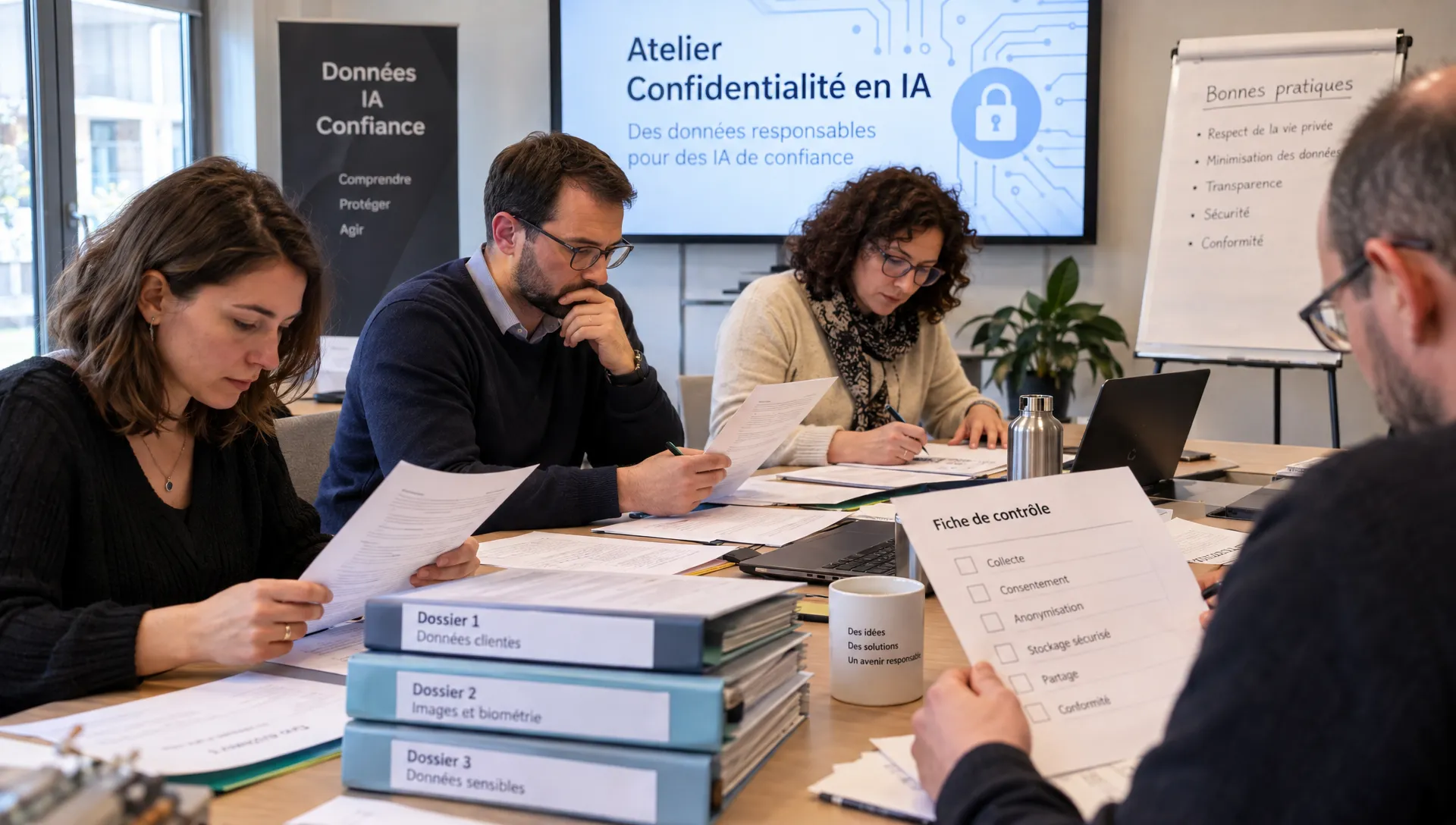 Des participants adultes travaillent sur des dossiers fictifs et une fiche de contrôle lors d’un atelier consacré aux règles de confidentialité en IA.