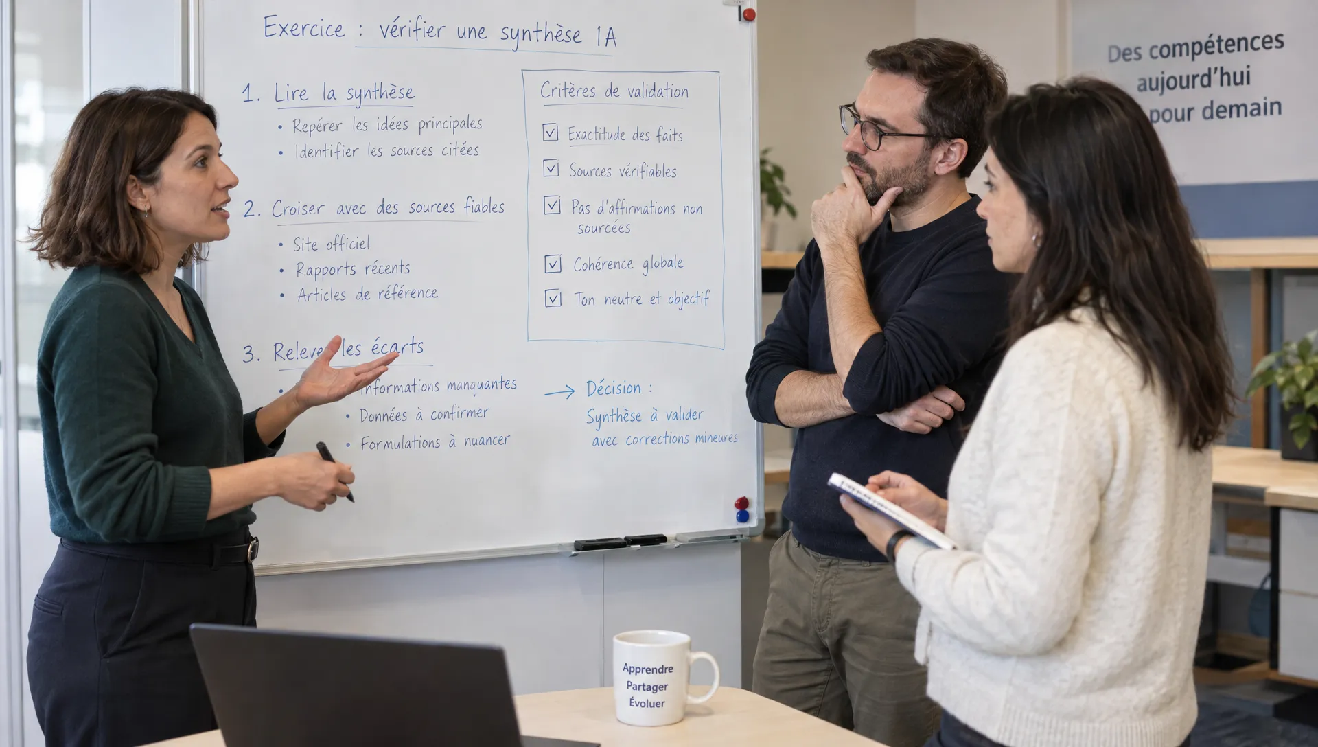 Trois collègues discutent des contrôles à effectuer sur une synthèse produite avec l’IA pendant leur formation.