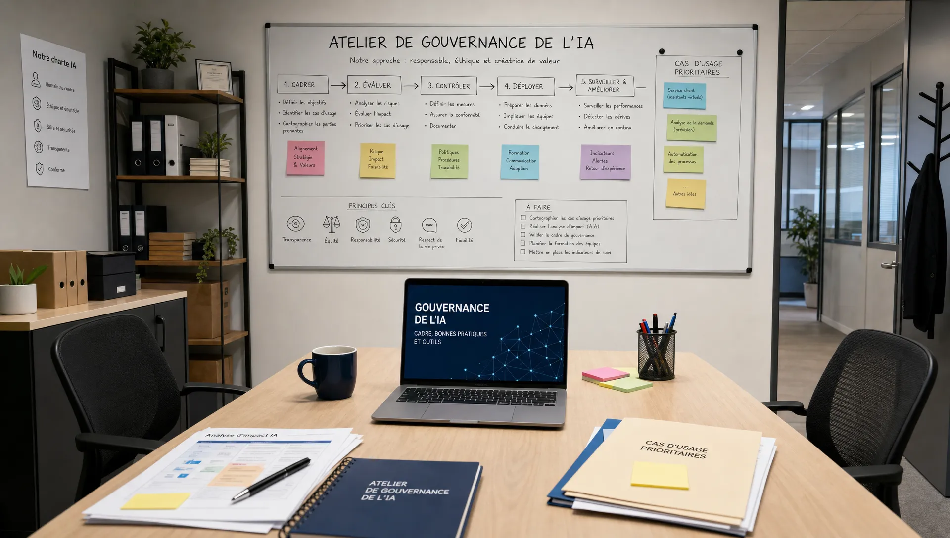Une salle de réunion de PME prête pour cadrer une IA responsable, avec tableau de travail, ordinateur et dossiers sur la table.