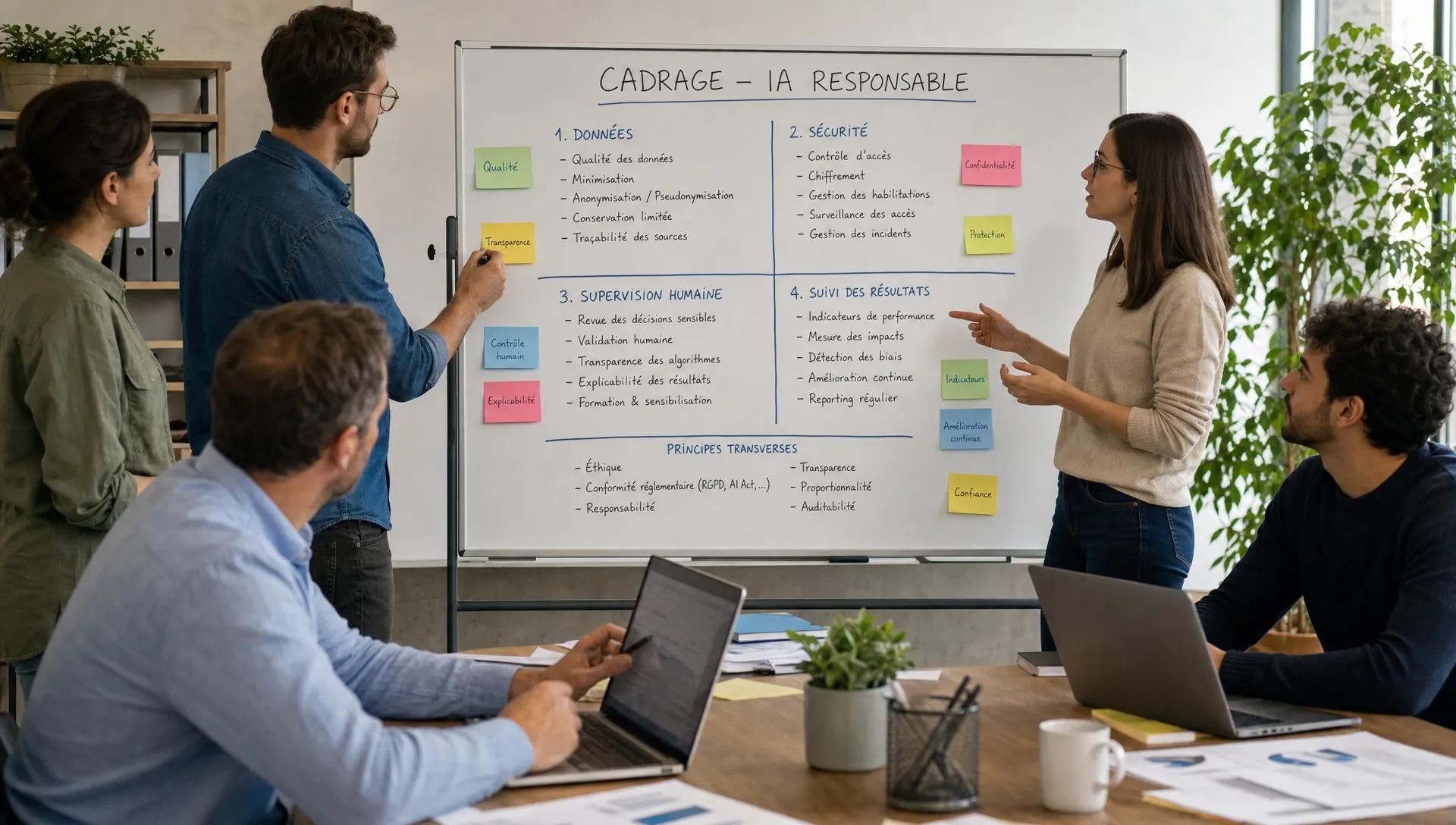 Une équipe de PME travaille autour d’un tableau de cadrage avec les règles de données, de sécurité, de supervision humaine et de suivi des résultats.