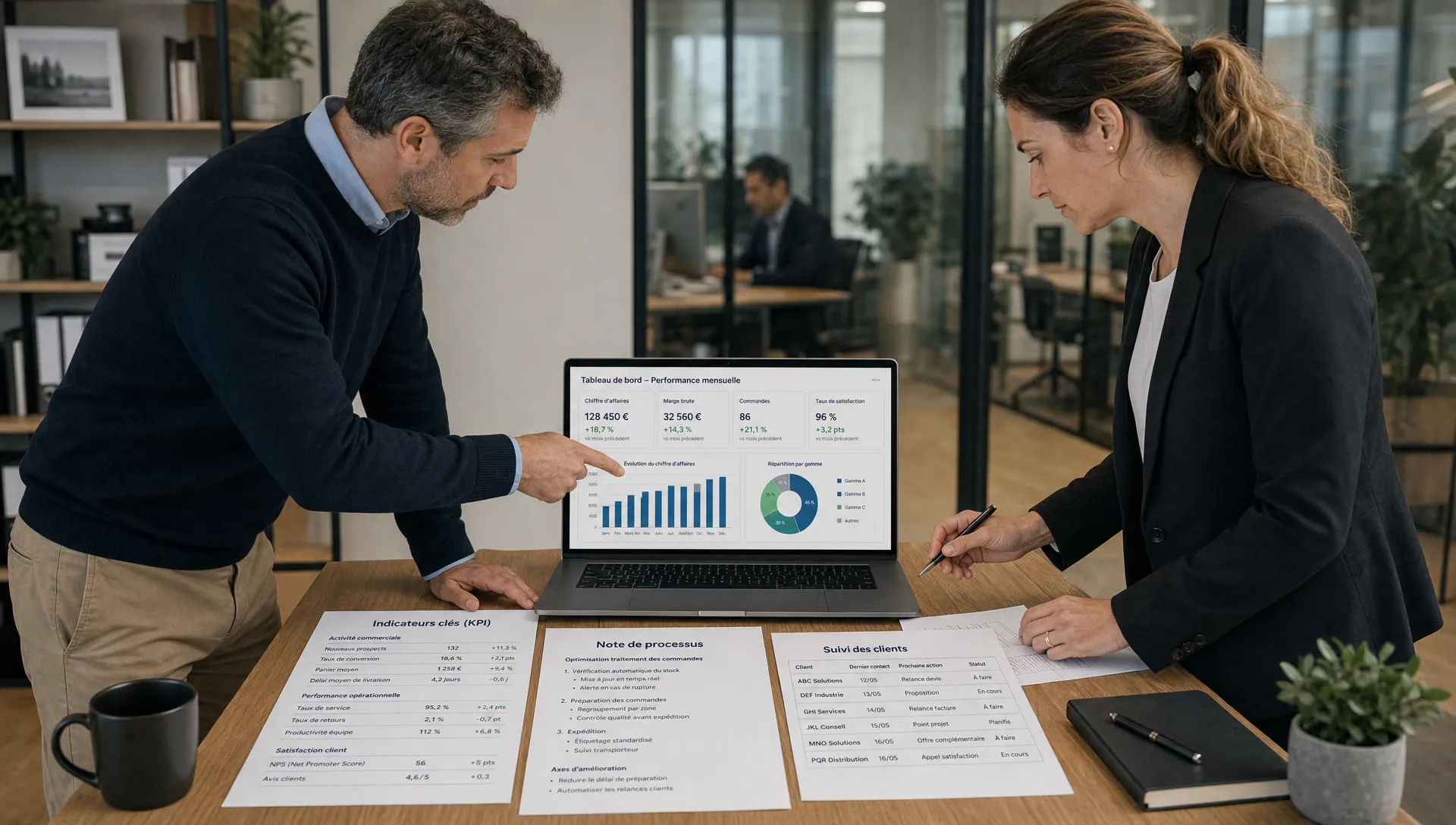 Deux collègues de PME examinent un tableau de bord interne et des KPI pour suivre un projet business et IA.