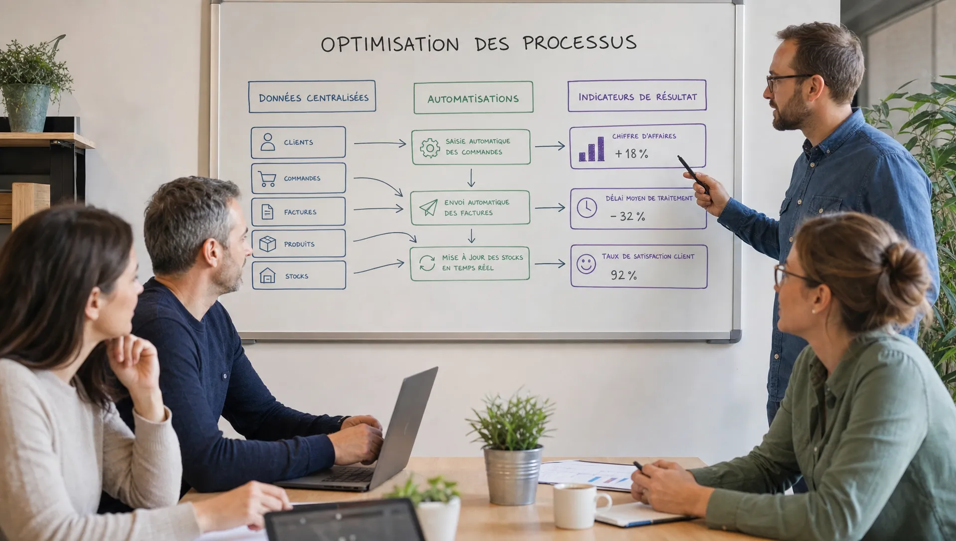 Une équipe de PME discute autour d’un tableau de processus avec des données centralisées, des automatisations et des indicateurs de résultat.