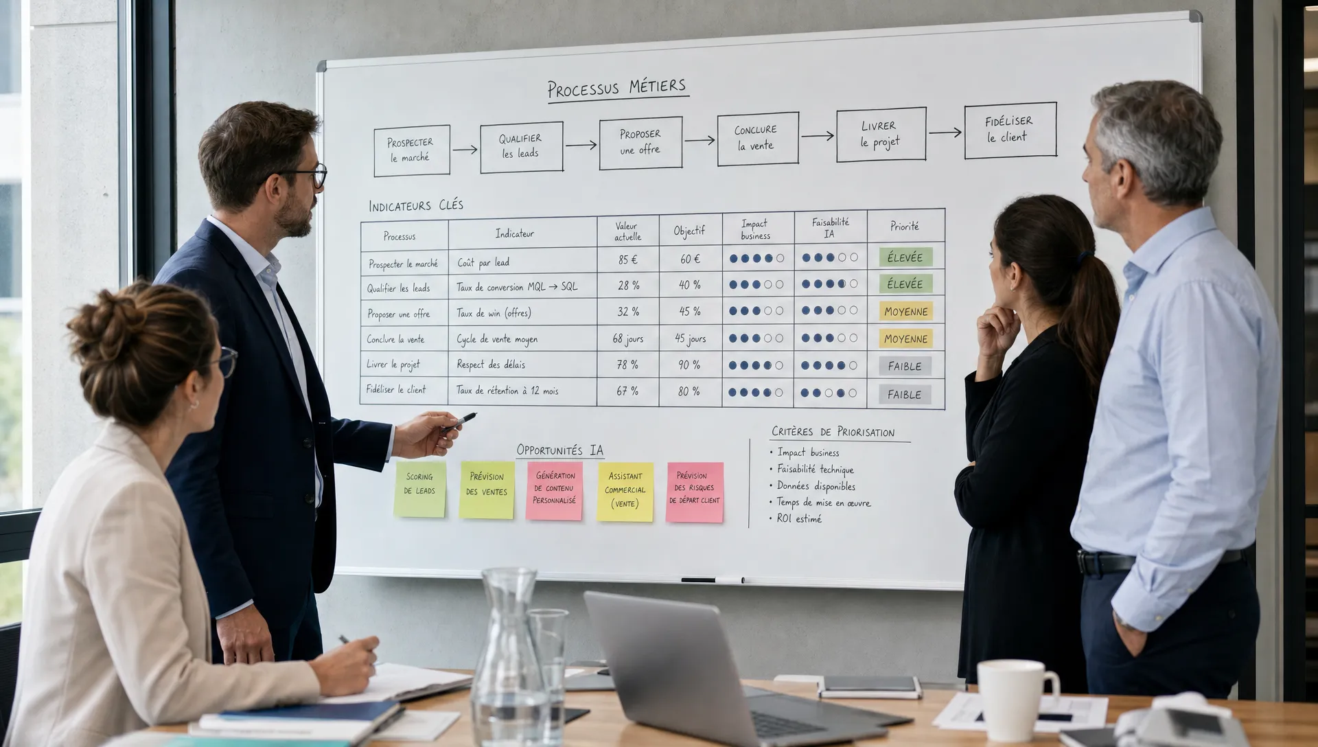 Une équipe de dirigeants examine un tableau blanc de processus métier et d’indicateurs pour prioriser les projets IA les plus rentables.