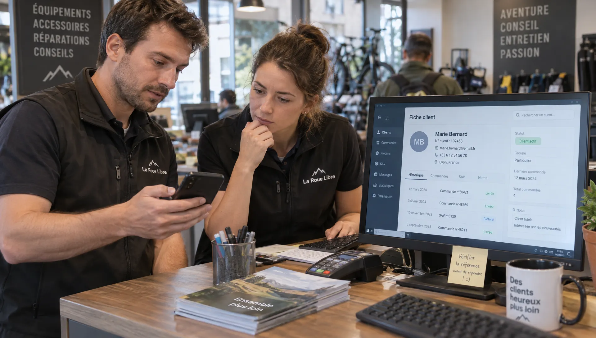 Deux collègues rapprochent une demande client reçue par email de sa fiche dans le CRM avant de préparer une réponse.