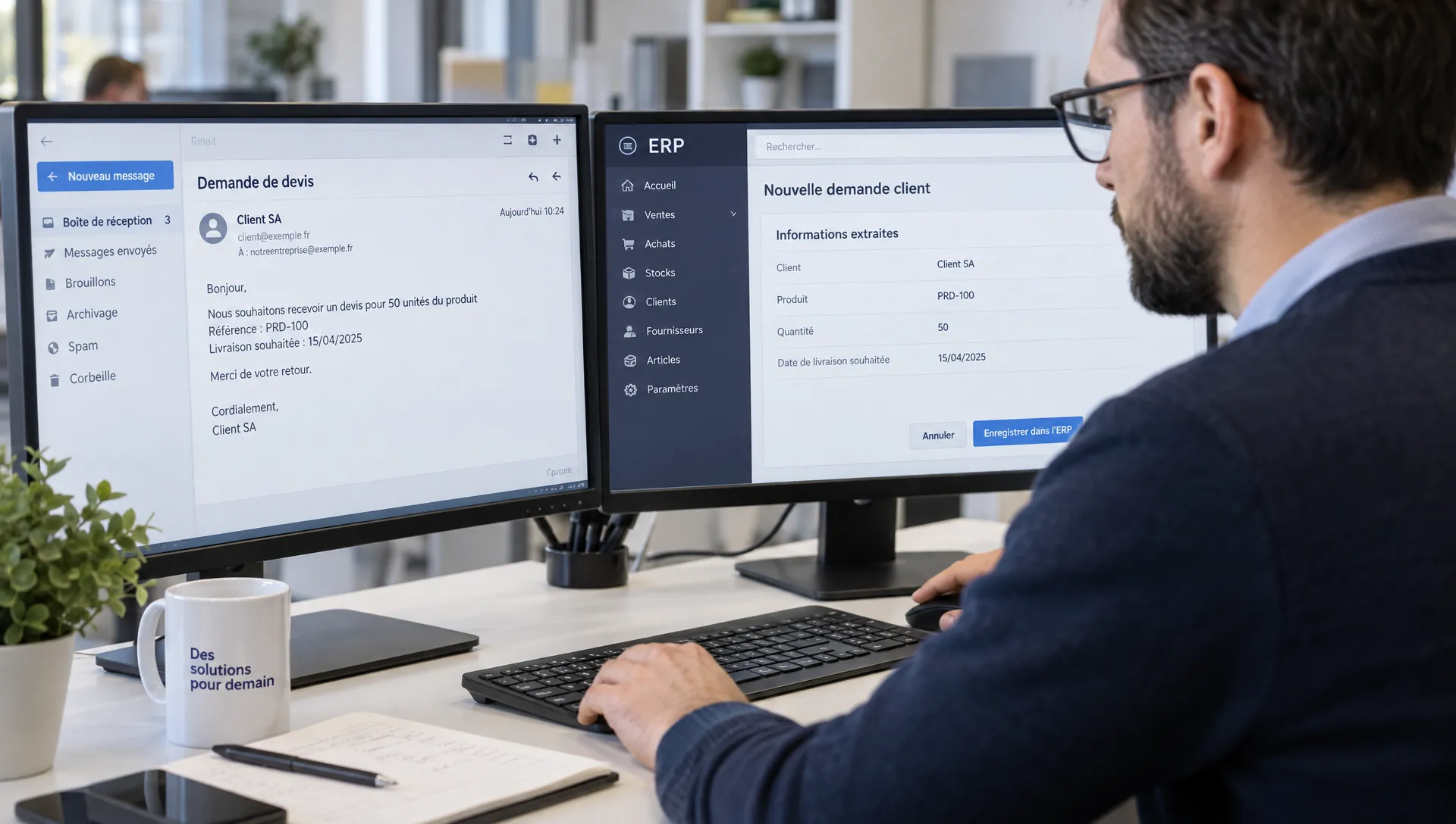 Un collaborateur examine une demande reçue par email et les informations extraites, puis valide leur enregistrement dans l’ERP.