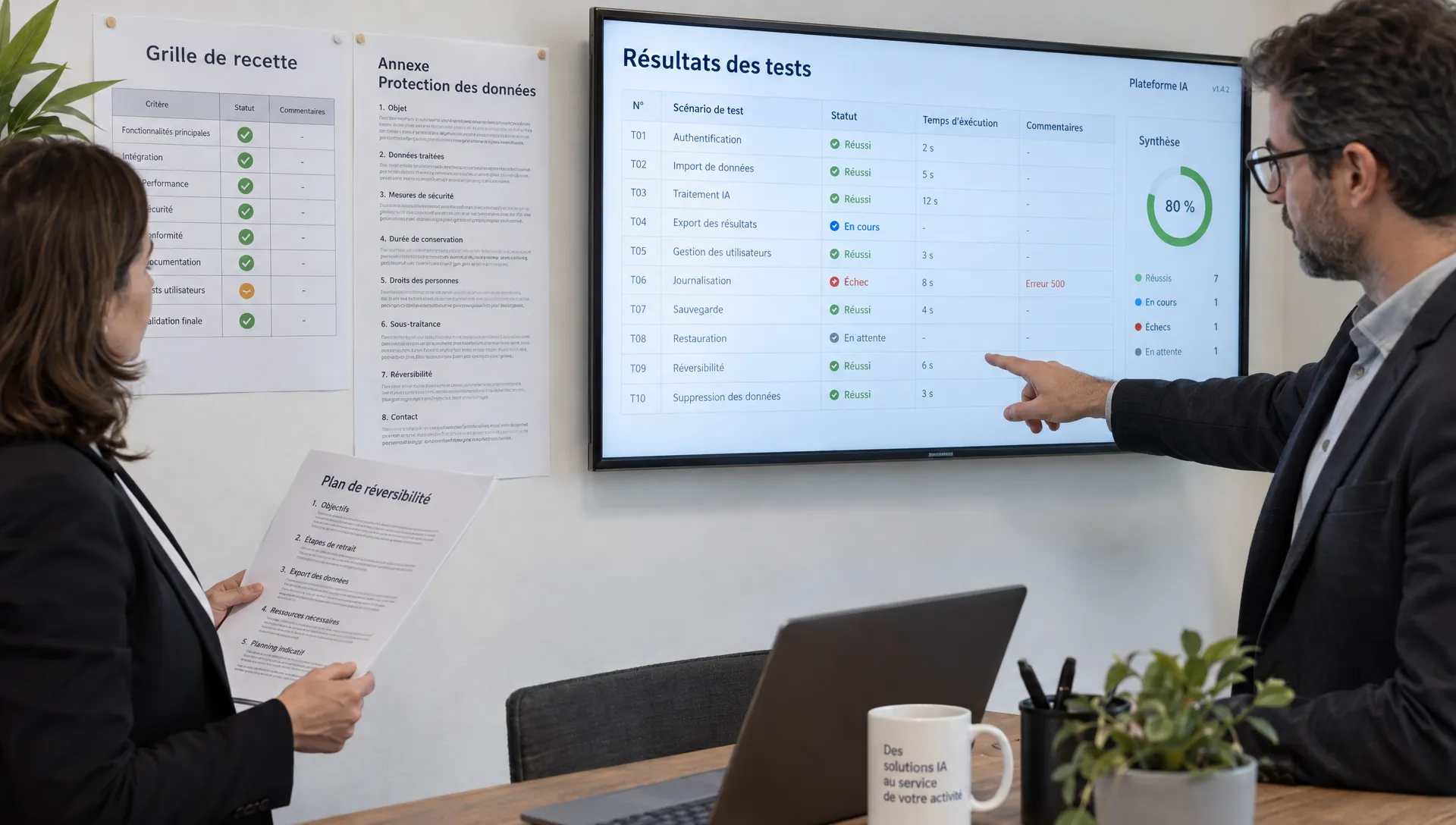 Deux responsables de PME comparent des tests de recette et un plan de réversibilité pour vérifier les garanties d’une société IA.
