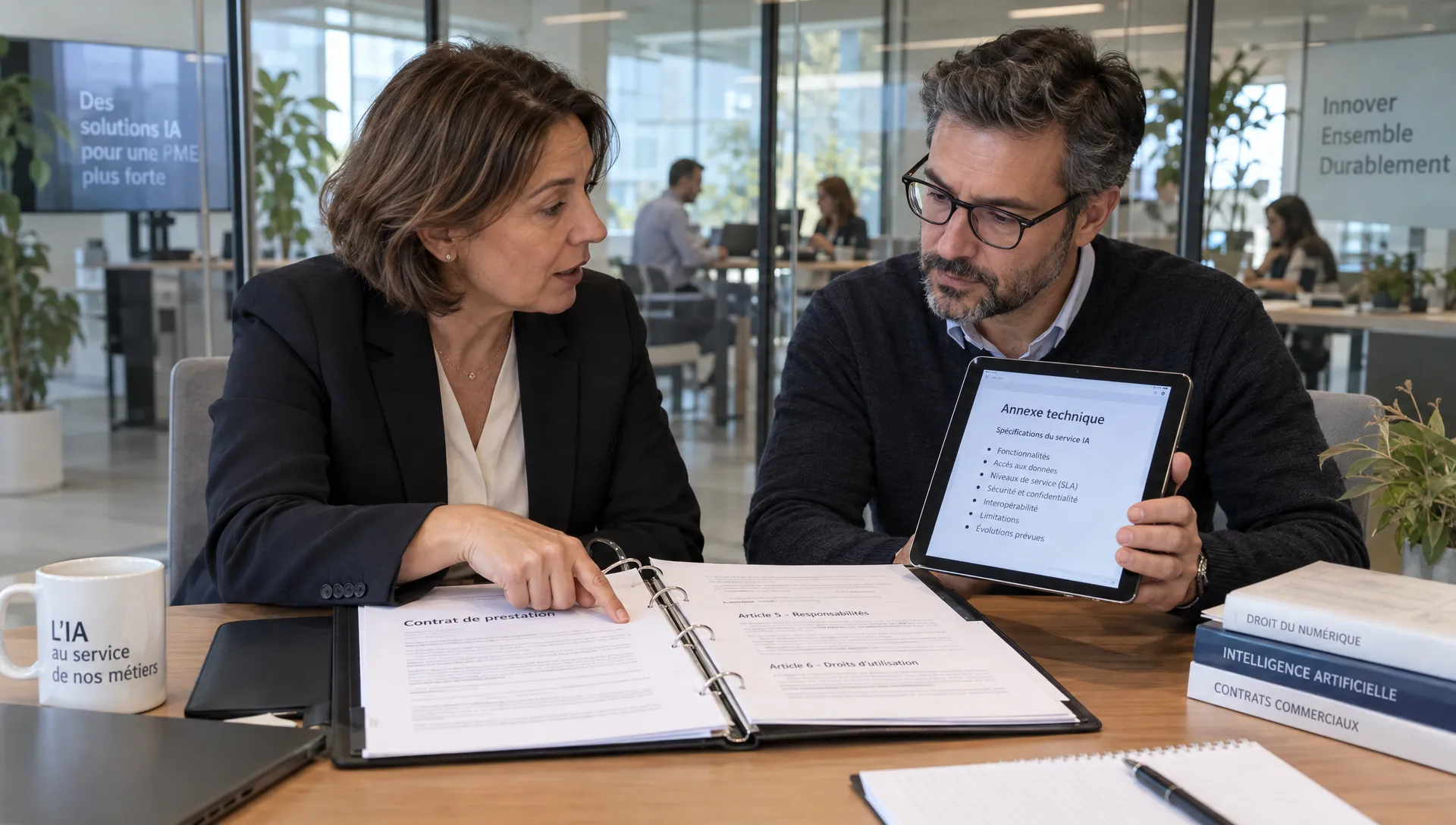 Une dirigeante et un responsable technique vérifient ensemble les clauses d’un contrat avec une société IA.