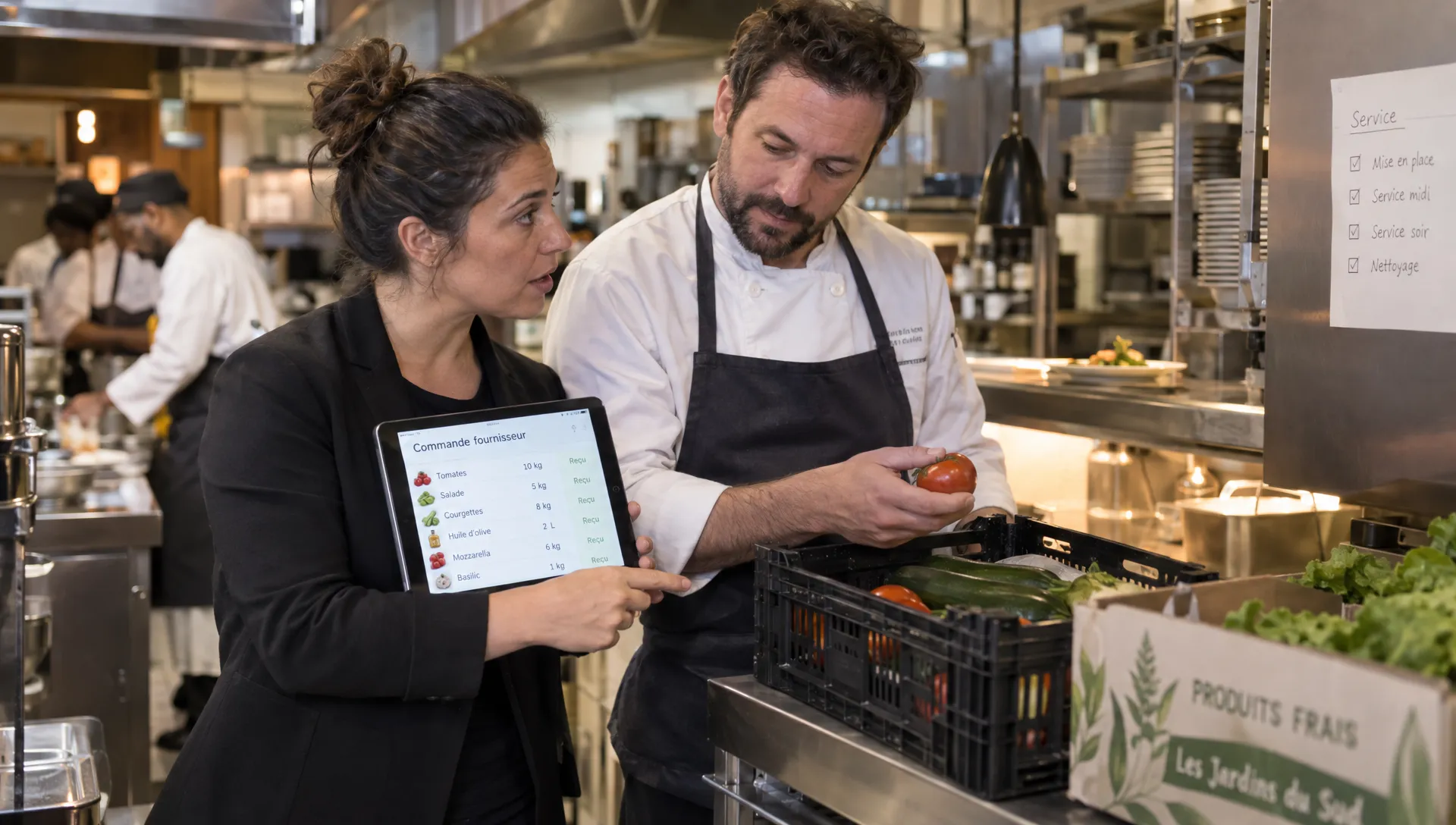 Une gérante et un responsable de restaurant vérifient une commande fournisseur sur une tablette près du passe-plat.