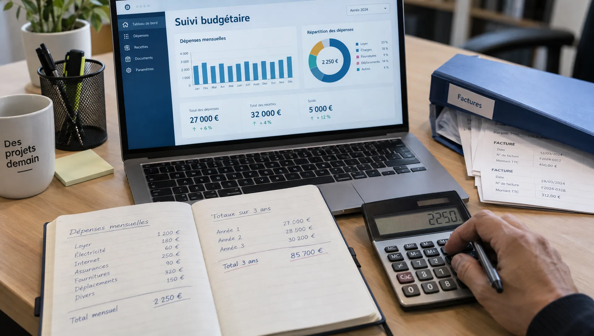 Une calculatrice et un carnet de dépenses aident à estimer le coût sur trois ans d’un logiciel métier sur-mesure pour une PME.