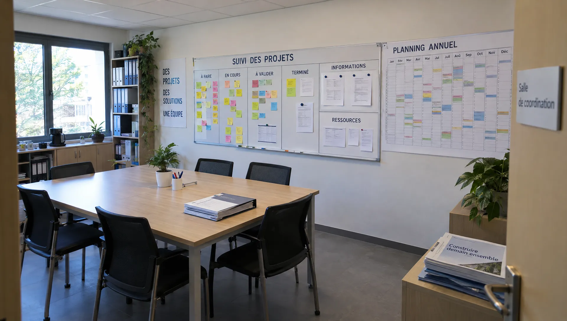 Une salle de coordination de PME est aménagée autour d’un grand tableau de projet et d’une table de réunion.