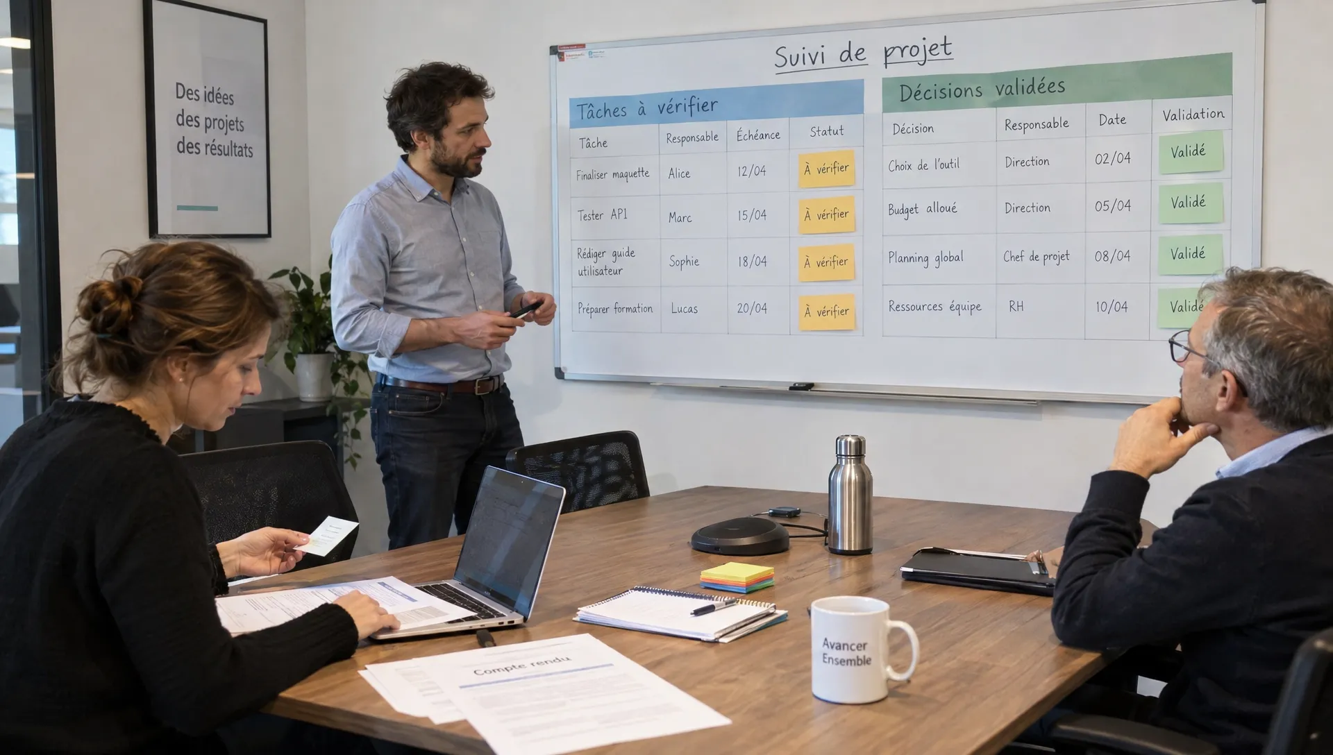 Une équipe compare les propositions et décisions validées sur un tableau de suivi pour sa gestion de projet avec l’intelligence artificielle.