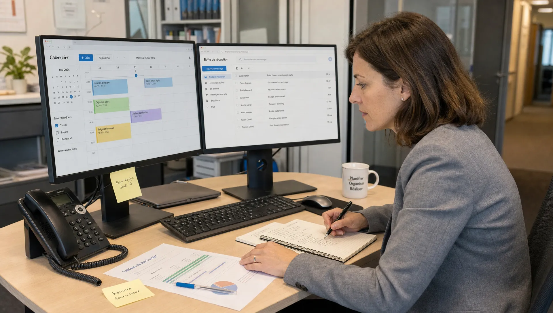 Un chef de projet consulte un calendrier, des emails et des notes pour organiser son travail.
