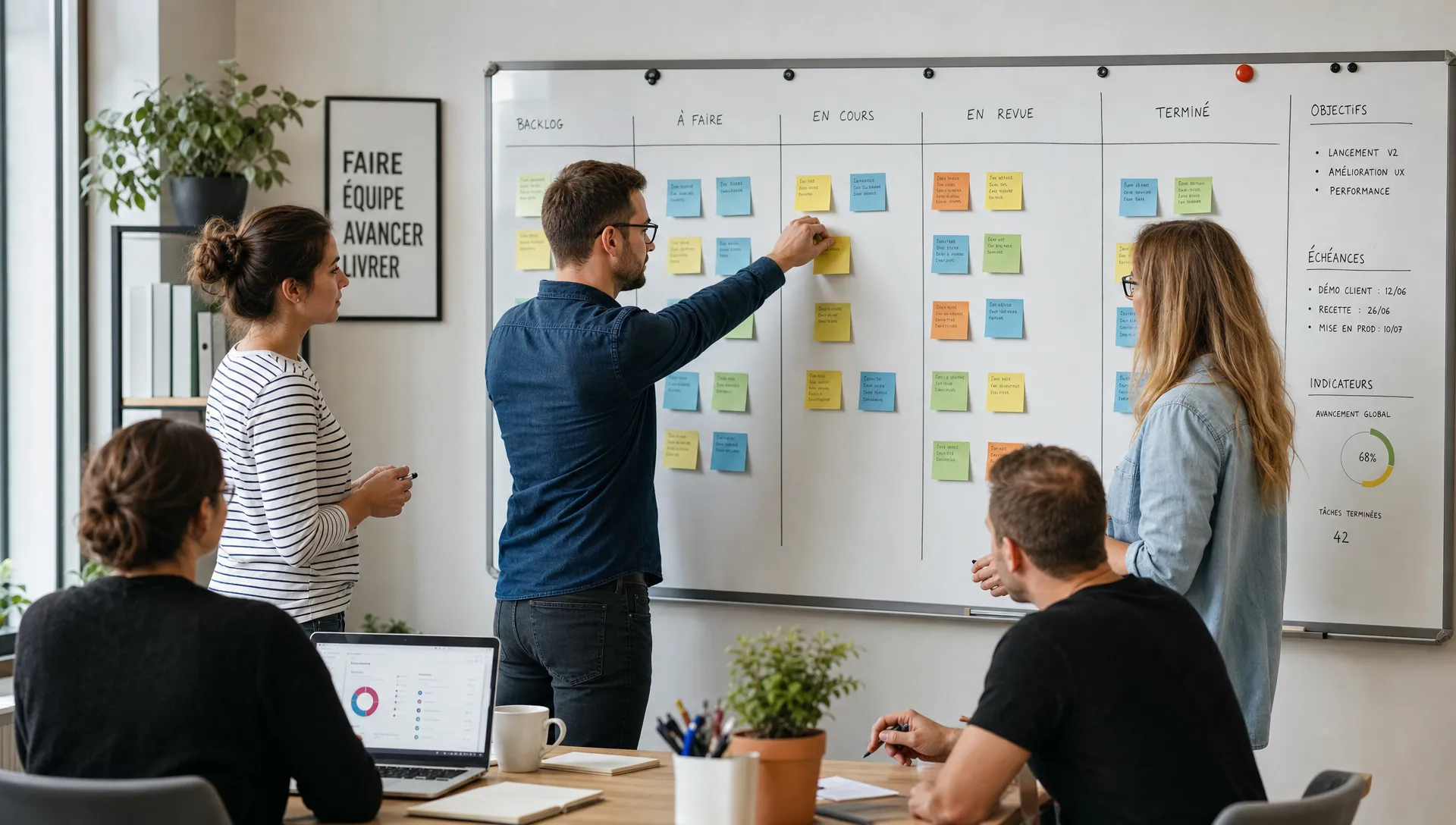 Une équipe de PME ajuste un planning de projet autour d’un tableau de suivi et de cartes de tâches.