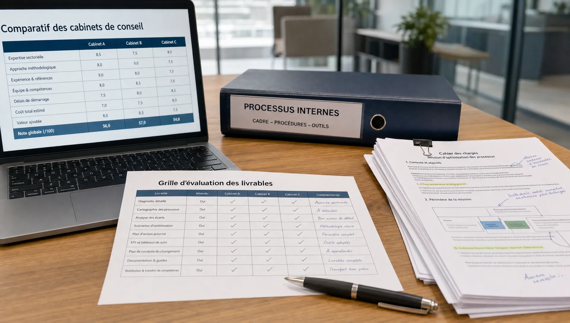 Un tableau d’évaluation, des notes et un ordinateur ouvert servent à comparer des cabinets de conseil en IA.