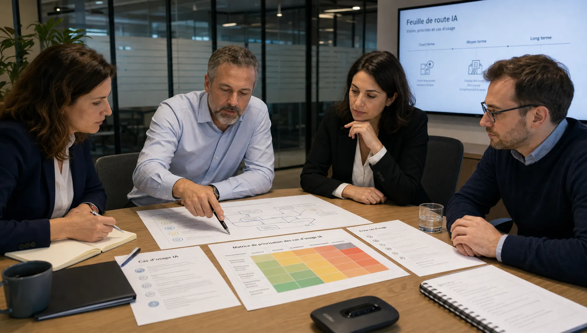 Une équipe de direction et d’opérations compare des documents, des schémas de processus et une matrice de priorisation des cas d’usage IA autour d’une table de réunion.