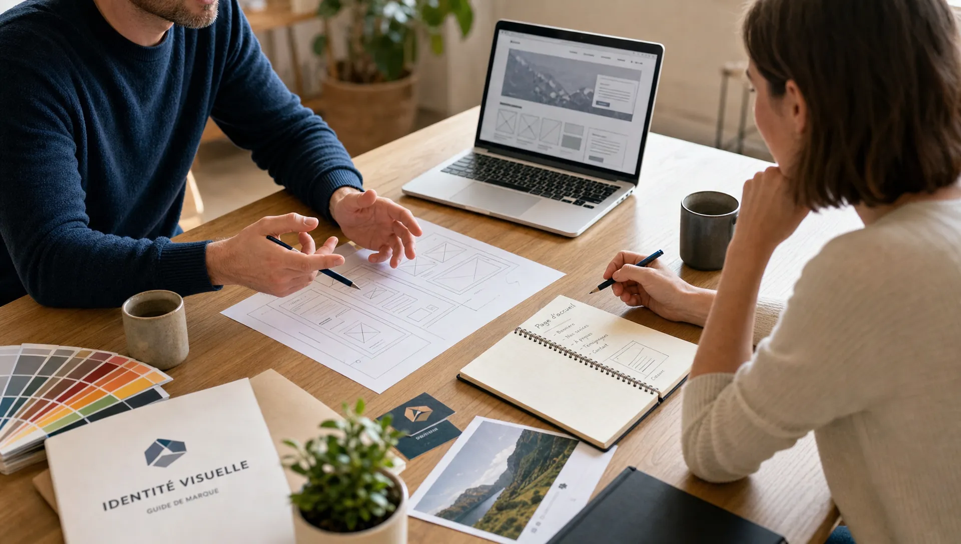 Un propriétaire de petite entreprise discute d'un projet de site web avec un designer dans un espace de travail lumineux, avec des croquis de pages, un carnet de notes et des éléments de marque posés sur la table, vus en plongée partielle sur la table de travail.