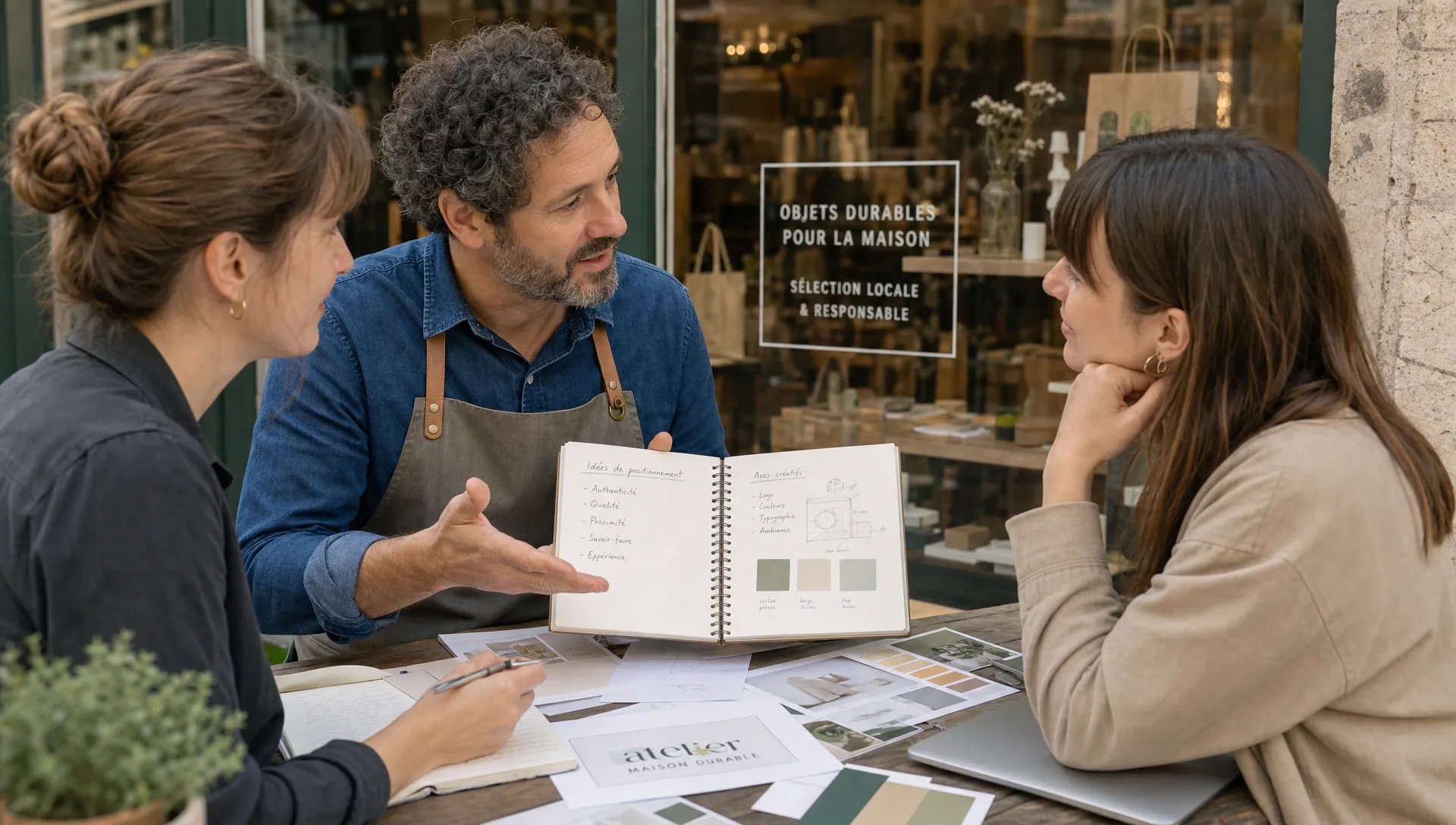 Un propriétaire de commerce local discute avec une équipe créative autour d’un carnet de notes, avec des éléments de branding, des maquettes papier et une vitrine de boutique en arrière-plan.