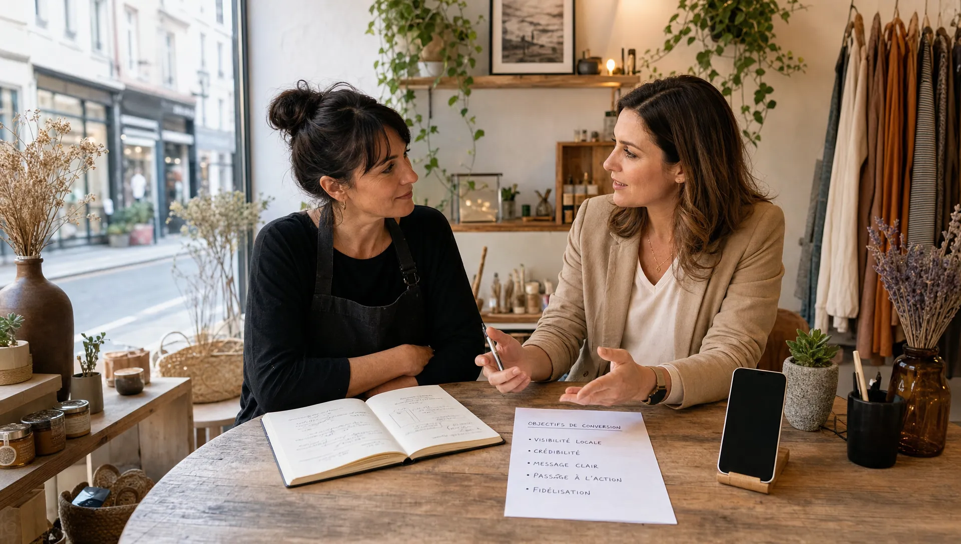 Vue large d’un petit commerce de quartier et de sa présence digitale dans un même cadre, avec une vitrine réelle à gauche et, à droite, un espace de travail sobre montrant un carnet ouvert, une feuille de brief avec objectifs de conversion et un smartphone posé face à la caméra sans rien afficher derrière. Une propriétaire d’entreprise adulte échange avec une consultante autour de ces éléments, pour évoquer le lien entre crédibilité locale, clarté du message et passage à l’action. Composition équilibrée, intérieure, orientée stratégie et relation client, sans reprendre une scène de bureau classique.