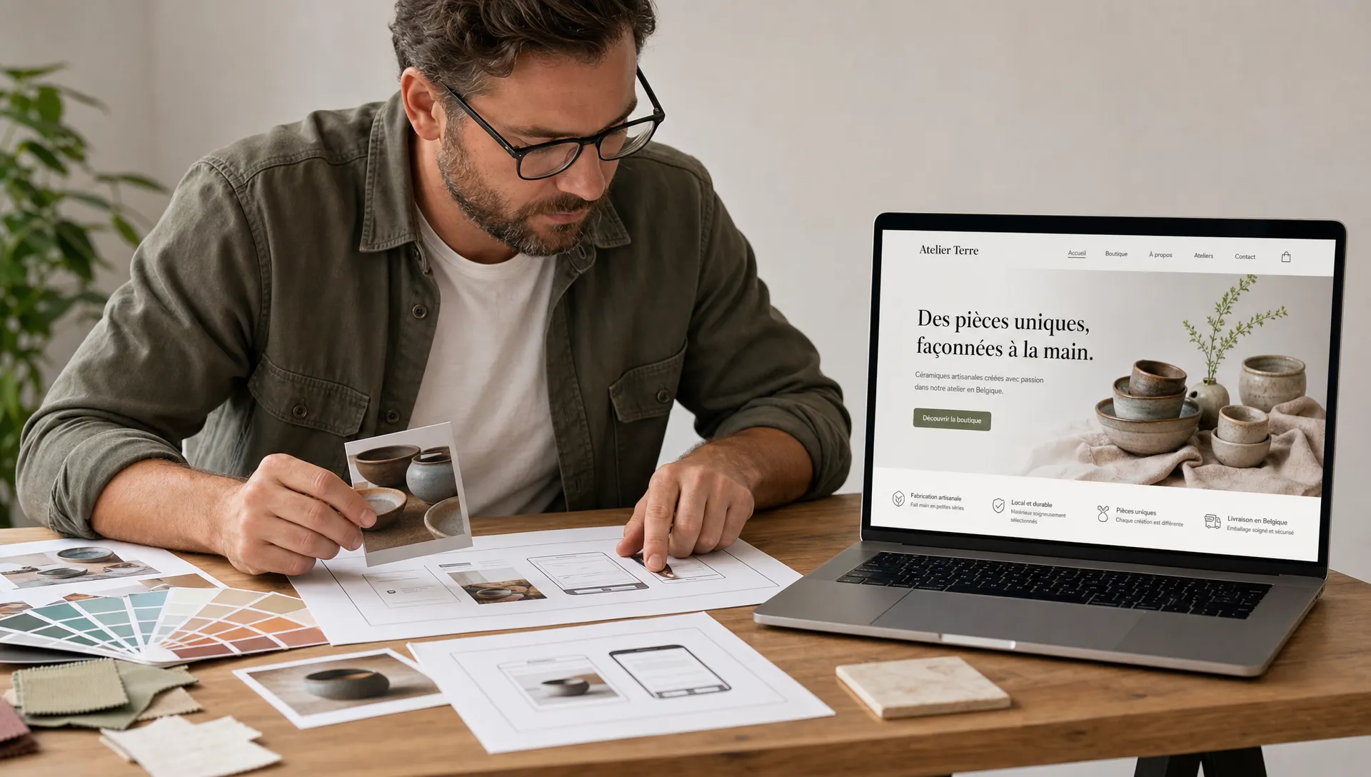 Un entrepreneur local examine les éléments visuels de sa marque sur une table, avec des cartes de couleurs, des croquis de site web et des photos de produits, tandis qu’un ordinateur ouvert affiche une page d’accueil claire orientée vers le visiteur, écran face à la caméra et sans rien afficher derrière.