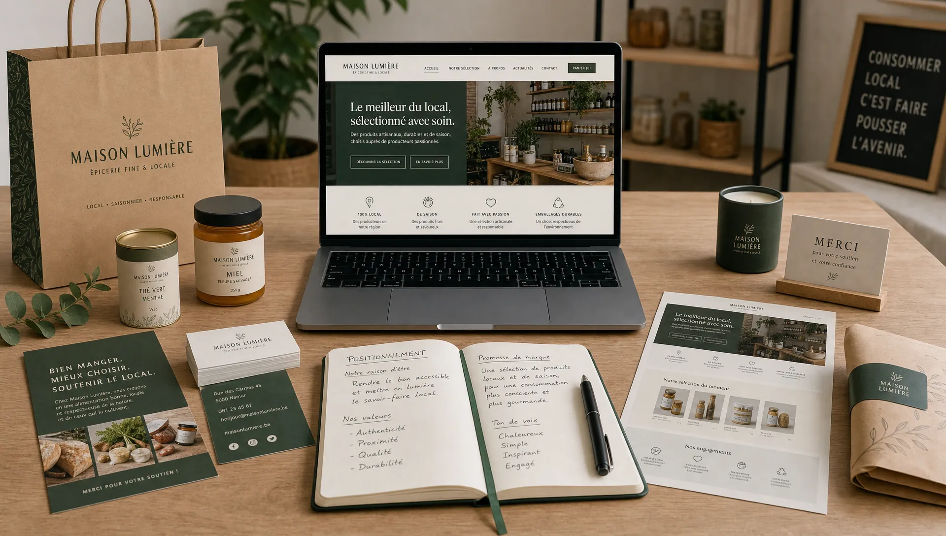 Vue large d’un petit commerce local et de son univers de marque mis en scène sur un espace de travail, avec au centre une pile de cartes de visite, un flyer, des échantillons de packaging, un carnet ouvert sur des notes de positionnement et une maquette imprimée de page d’accueil. À côté, un ordinateur portable est ouvert face à la caméra, sans rien afficher derrière. Le décor doit évoquer une identité de marque cohérente, la clarté du message et le lien entre présence physique et présence en ligne, dans un cadre intérieur professionnel et crédible.