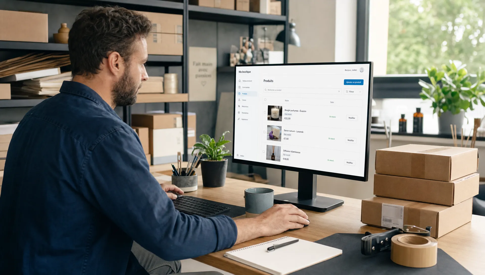 Un commerçant local prépare une boutique en ligne avec des fiches produits, des colis prêts à expédier et une interface e-commerce claire affichée sur un ordinateur orienté vers lui, dans un atelier intérieur avec le bureau vu de côté.
