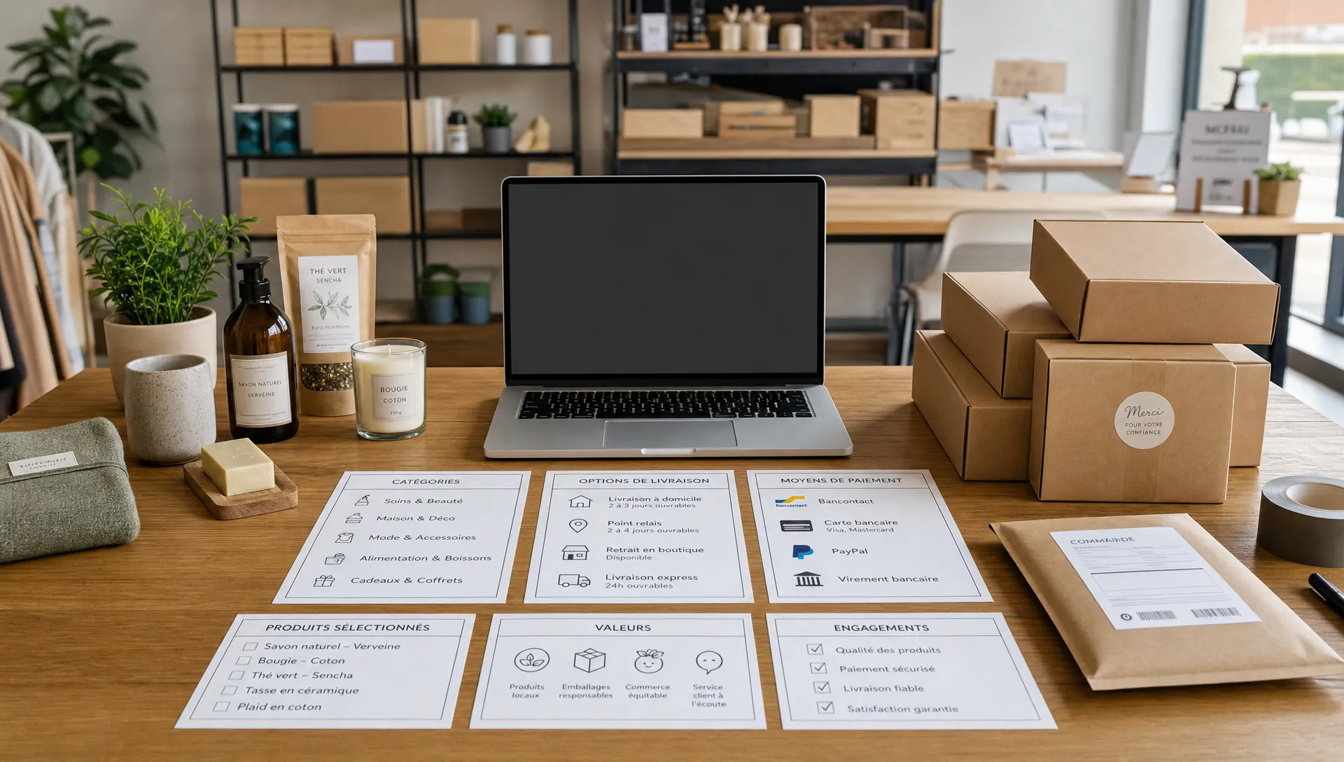 Vue large d’un atelier de préparation e-commerce dans un petit commerce local, avec au centre une sélection de produits, des étiquettes de catégories, des options de livraison et des moyens de paiement disposés comme un plan de boutique en ligne. Un ordinateur portable est ouvert face à la caméra, sans rien afficher derrière, et quelques boîtes d’expédition sont rangées à côté pour suggérer le passage du catalogue à la commande. La scène doit évoquer la stratégie, la structure d’achat et la confiance, dans un environnement intérieur crédible, sans personne dominante au centre.