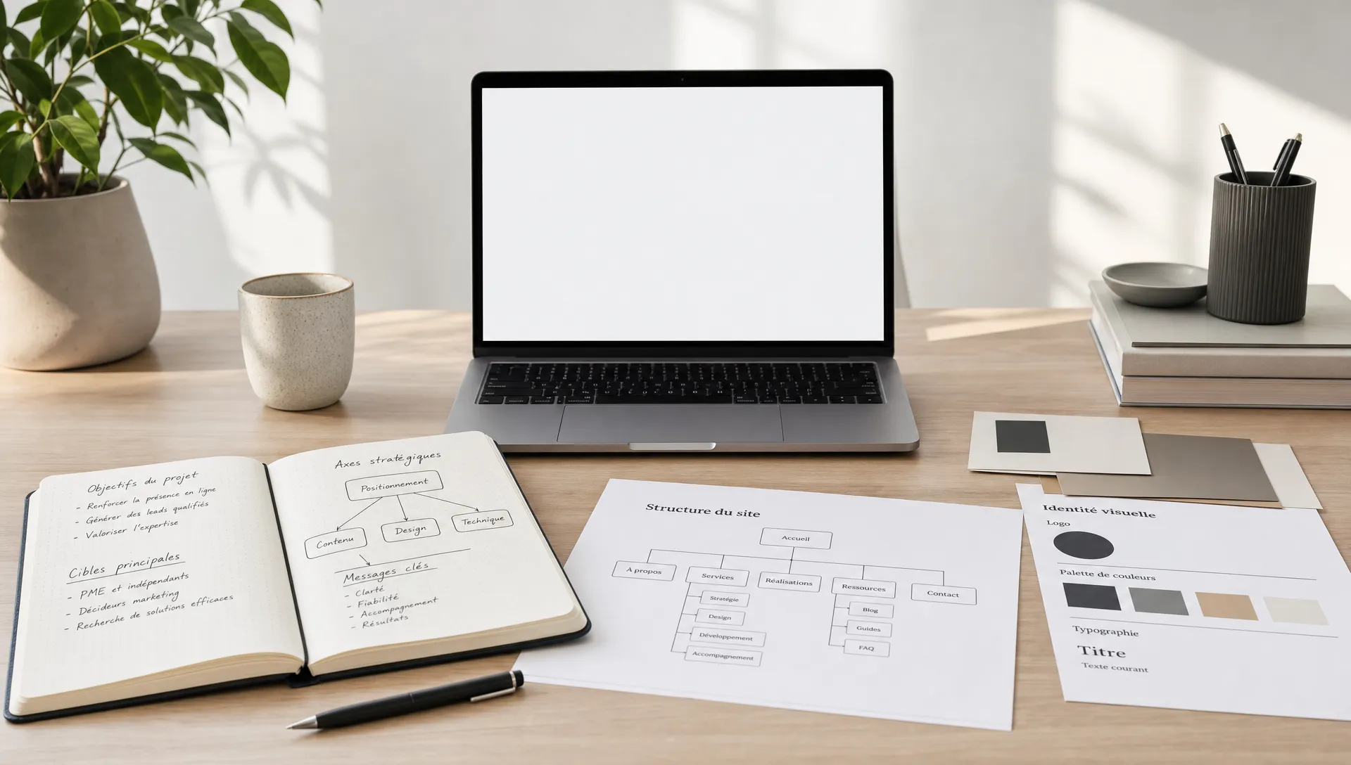 Un bureau lumineux avec un carnet ouvert, des notes de stratégie, une feuille de structure de site et des éléments de branding posés sur la table, avec un ordinateur portable orienté vers la caméra et sans rien afficher derrière.