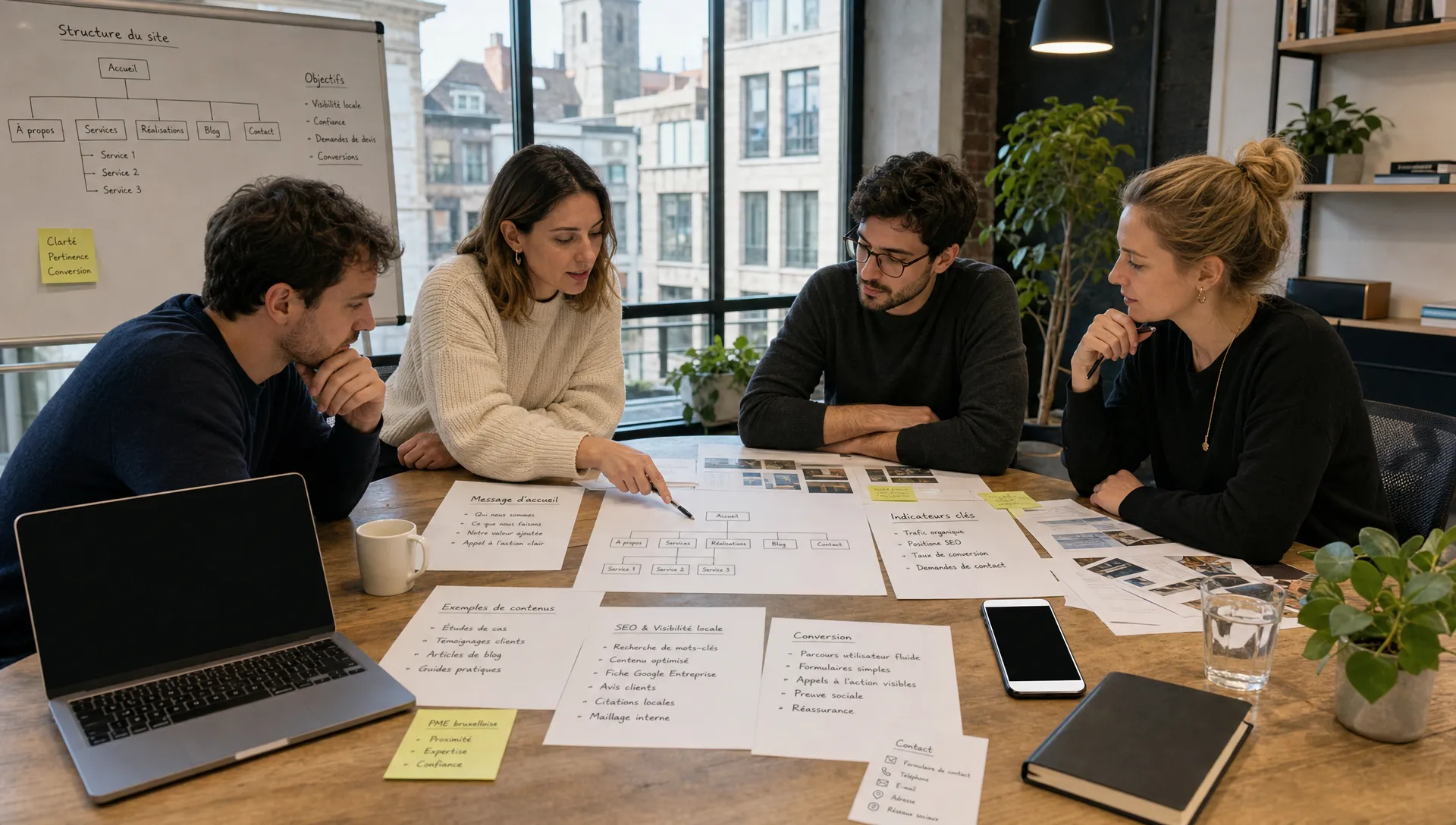 Vue large dans un espace de travail contemporain à Bruxelles, avec une équipe réduite autour d’une grande table en train de définir la structure d’un nouveau site pour une PME locale. On voit des feuilles avec l’arborescence des pages, des notes de message d’accueil, des exemples de contenus, des indicateurs de contact et de visibilité locale, ainsi qu’un ordinateur portable et un téléphone posés à côté, écrans tournés vers la caméra et sans rien afficher derrière. La scène doit évoquer stratégie, clarté, SEO et conversion dans un cadre professionnel intérieur.