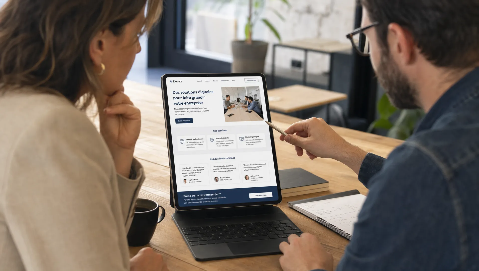 Une propriétaire de PME et un designer web examinent une maquette de site corporate sur une tablette posée sur la table, avec une mise en page claire, des blocs de services, des témoignages clients et un bouton de contact visible.