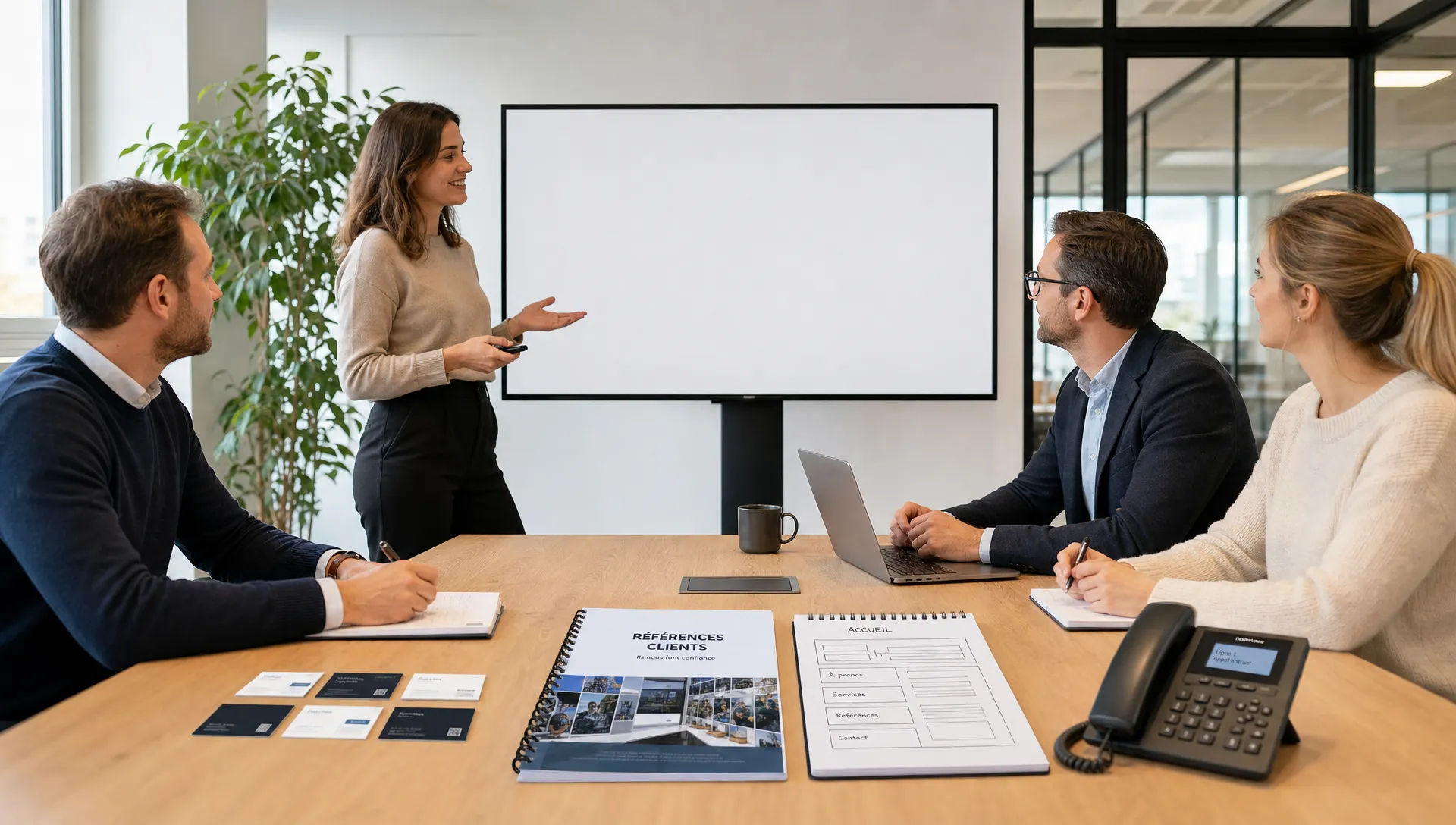 Vue large d’une petite entreprise B2B dans un bureau moderne et lumineux, avec une équipe en train d’échanger autour d’un écran de présentation orienté vers la caméra et sans contenu affiché derrière. Sur la table, on voit des cartes de visite, un dossier de références clients, un bloc-notes avec une structure de page d’accueil et un téléphone professionnel, pour évoquer un site corporate crédible, des preuves visibles et un parcours de contact clair. Composition professionnelle, centrée sur la confiance et la conversion.