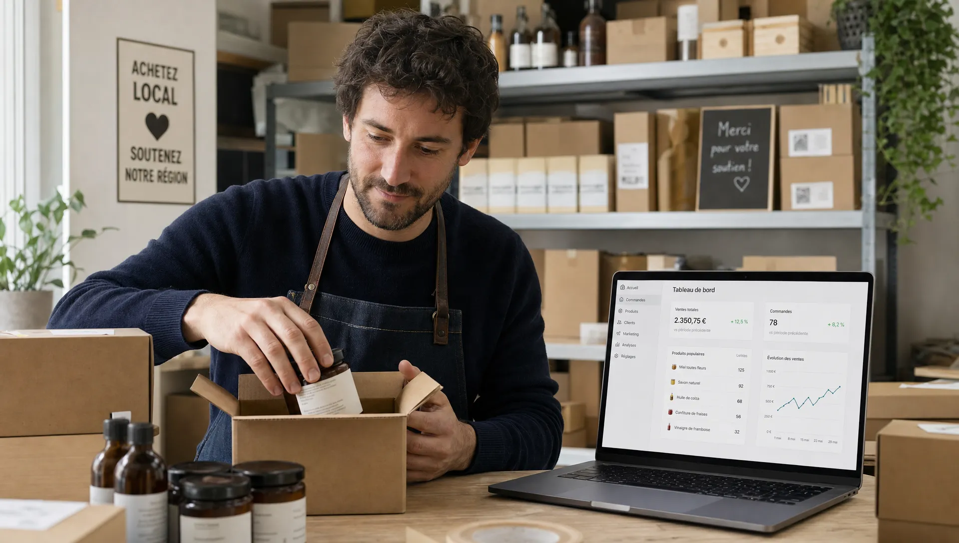 Un commerçant local prépare sa boutique en ligne avec des colis, des produits soigneusement disposés et un ordinateur ouvert sur une interface de gestion e-commerce claire et lisible, dans un espace de travail compact avec des étagères de stock en arrière-plan.