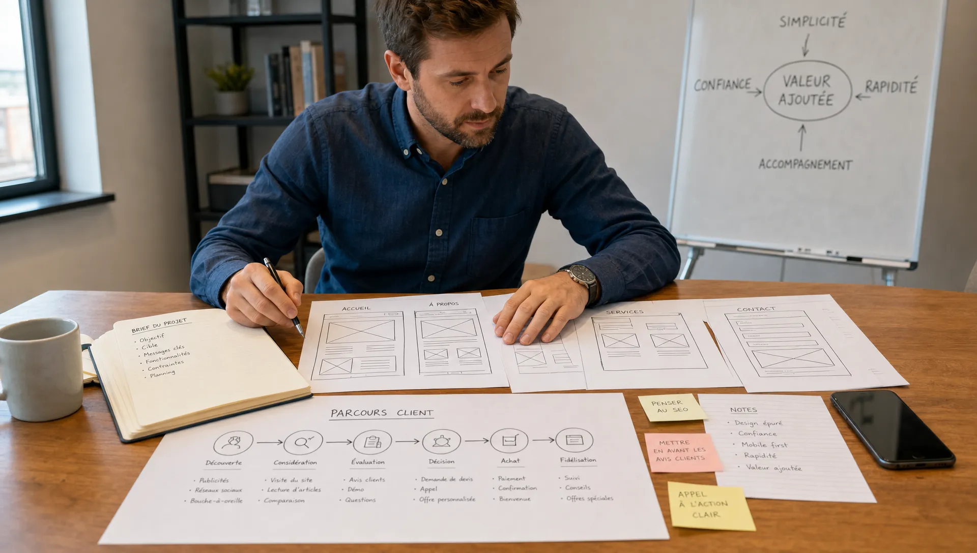 Un propriétaire de petite entreprise compare des croquis de pages web, un plan de parcours client et des notes de brief étalés sur une table de réunion, avec un carnet et un smartphone à côté.