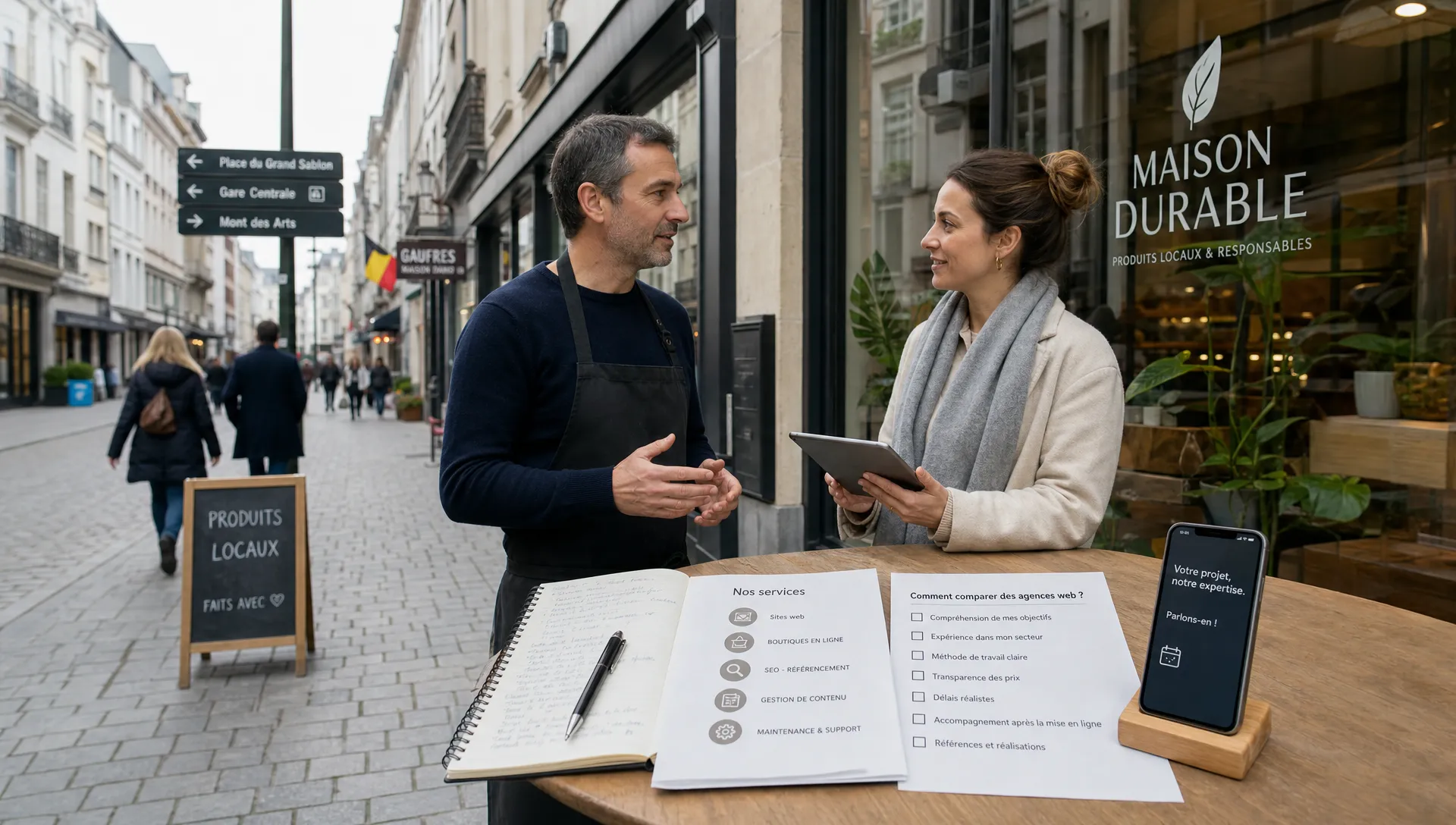 Vue large en extérieur dans une rue commerçante de Bruxelles, avec un propriétaire de petite entreprise et une consultante qui discutent devant la vitrine d’un commerce. Au premier plan, un carnet ouvert, une carte simple des services, une liste de questions pour comparer des agences et un téléphone posé sur un petit support évoquent la méthode de sélection d’une agence web. En arrière-plan, on distingue des façades urbaines, des passants flous et une signalétique discrète, pour suggérer la réalité d’une activité locale, la confiance et le passage à l’action.