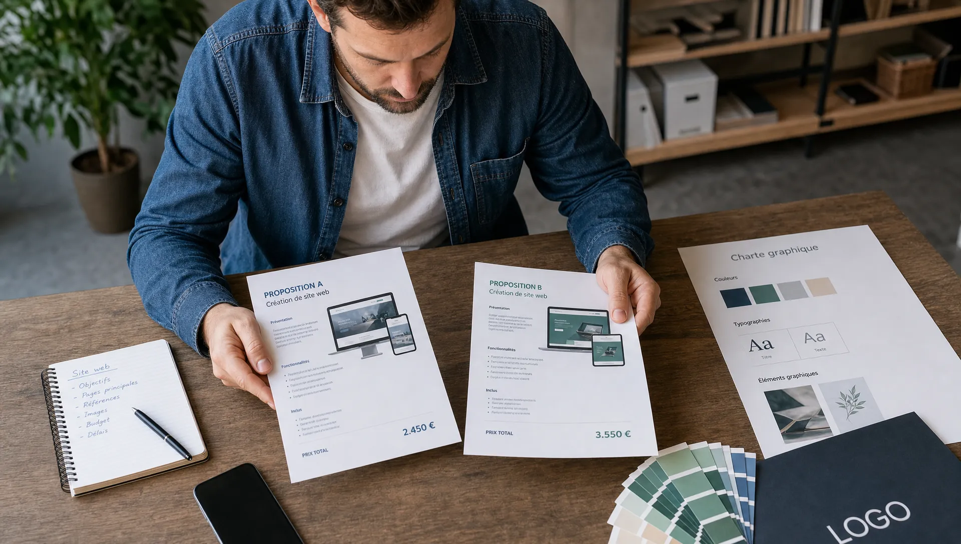 Un propriétaire de petite entreprise compare deux propositions imprimées pour la création de son site web, avec un carnet de notes, un smartphone posé sur la table et des éléments de charte graphique à côté, dans un espace de travail intérieur vu en légère plongée.