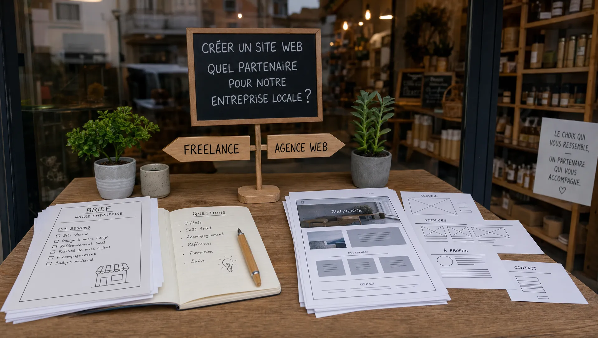 Vue large d’une vitrine de commerce de quartier avec, au premier plan, deux chemins visuels distincts pour la création d’un site web : d’un côté des feuilles de brief, une liste de besoins et un carnet de notes, de l’autre une maquette de site imprimée et des repères de structure de pages. Aucun écran n’est mis en avant. La scène doit évoquer le dilemme entre freelance et web agency, la comparaison des niveaux d’accompagnement et le choix d’un partenaire adapté à une petite entreprise locale, dans un cadre réel et crédible.