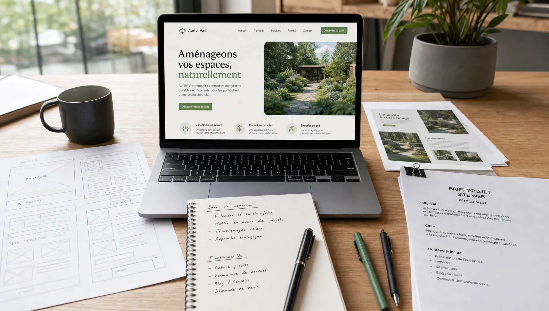 Une table de travail avec des croquis de pages web, un carnet de notes, des feuilles de brief et un ordinateur portable ouvert face à la caméra, posé à côté d’une maquette de site imprimée, illustrant la préparation d’un projet de design et développement web pour une petite entreprise.