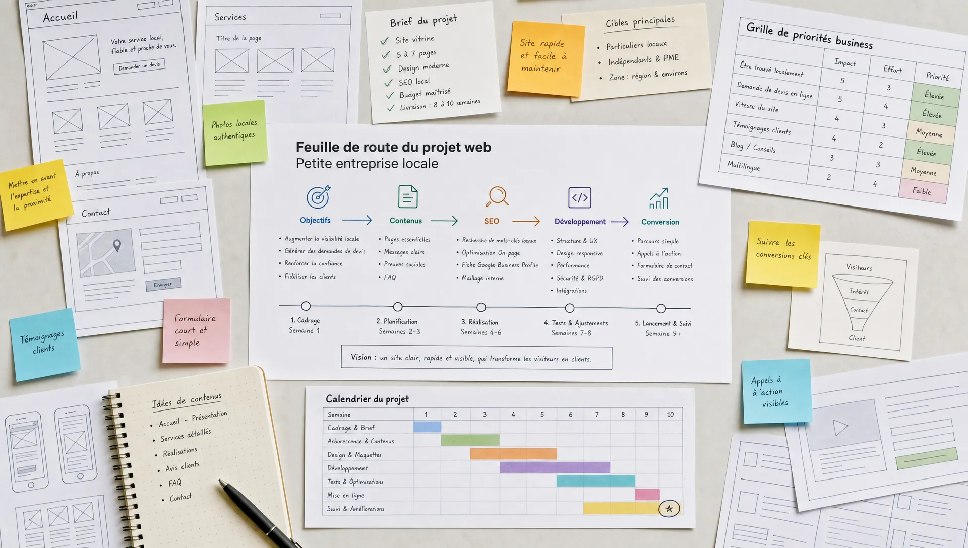 Vue rapprochée d’un assemblage de maquettes de pages web, de notes de brief, d’une grille de priorités business et d’un calendrier de projet posés sur une grande surface de travail. Au centre, une seule feuille de route relie objectifs, contenus, SEO, développement et conversion pour une petite entreprise locale. L’ensemble doit évoquer la décision et le cadrage d’un projet web, dans une composition d’objet et de concept, sans personne dominante ni ambiance de bureau classique.