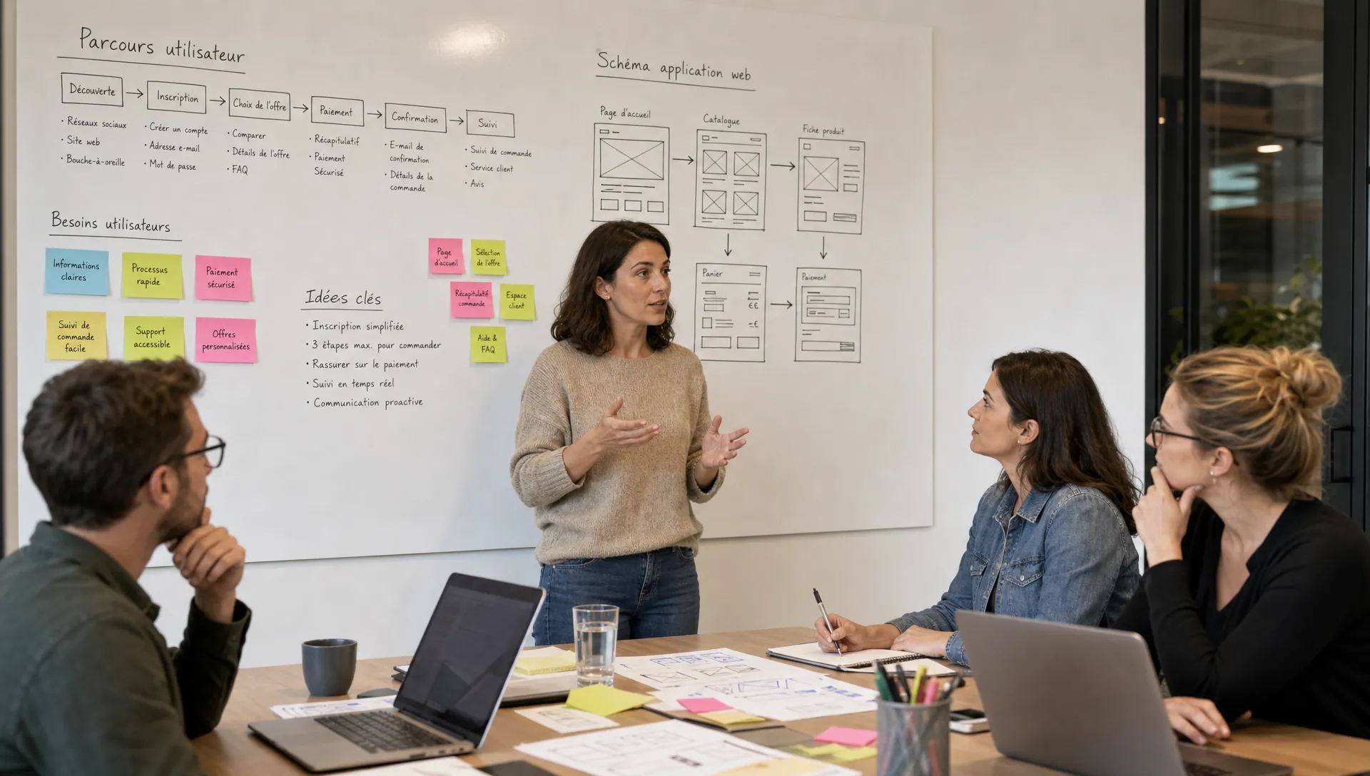 Une propriétaire de petite entreprise échange avec une équipe d’agence dans une salle de réunion. Des post-its, des croquis de parcours utilisateur et un schéma d’application web sont visibles sur un tableau blanc.