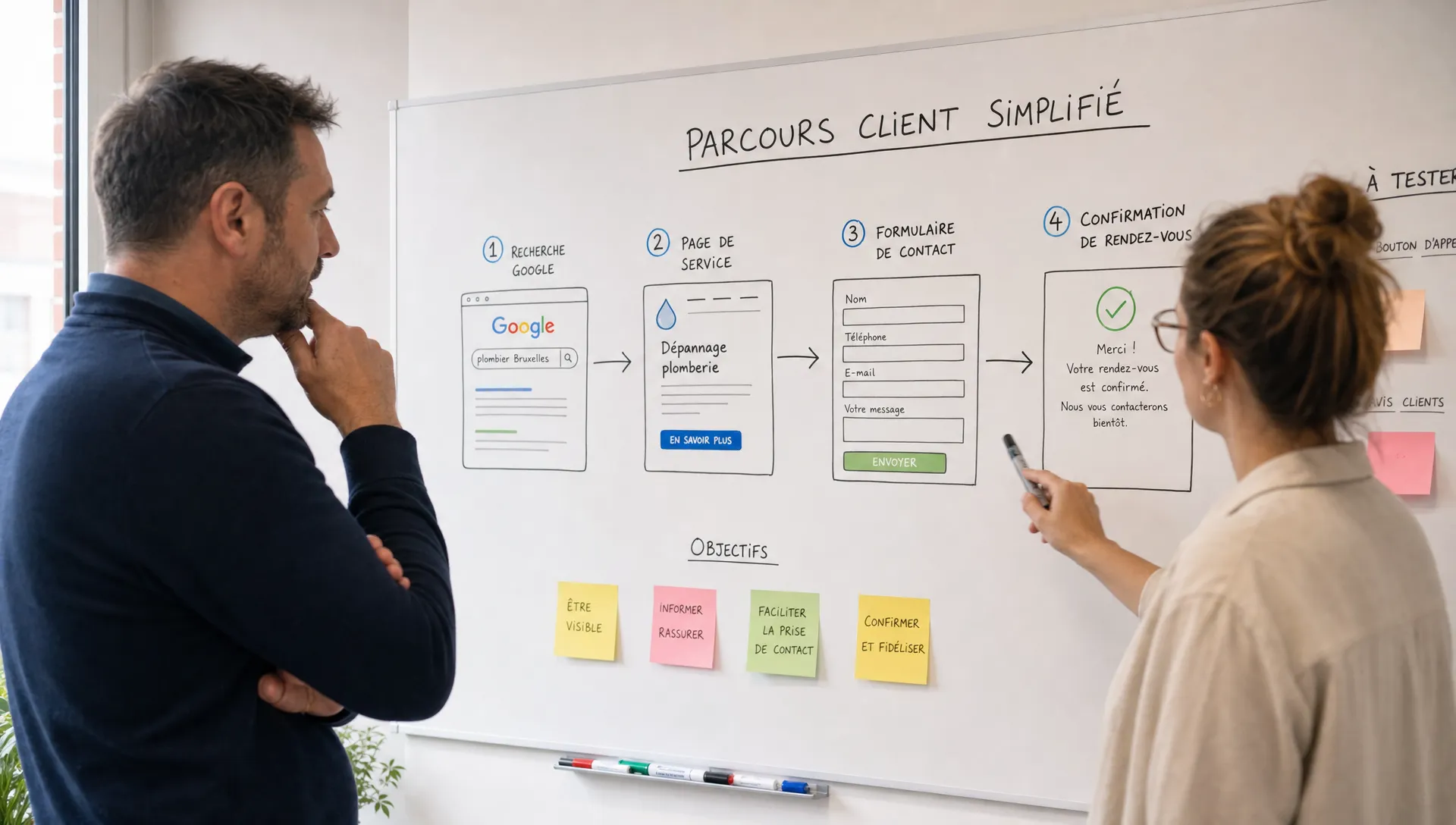 Un commerçant local examine avec une designer un parcours client simplifié sur un tableau mural, avec des étapes comme recherche Google, page de service, formulaire de contact et confirmation de rendez-vous.