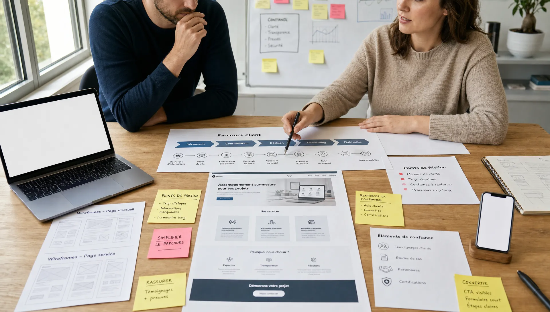 Vue large d’une table de travail dédiée à la conception UX dans un atelier lumineux, avec des wireframes imprimés, une carte du parcours client, des notes sur les points de friction et une maquette de page de service posée au centre. Une personne adulte et une consultante échangent autour de ces éléments, tandis qu’un smartphone et un ordinateur portable sont posés à côté, écrans tournés vers la caméra et sans rien afficher derrière. Composition analytique et claire, centrée sur la logique de parcours, la confiance et la conversion, dans un environnement intérieur professionnel.