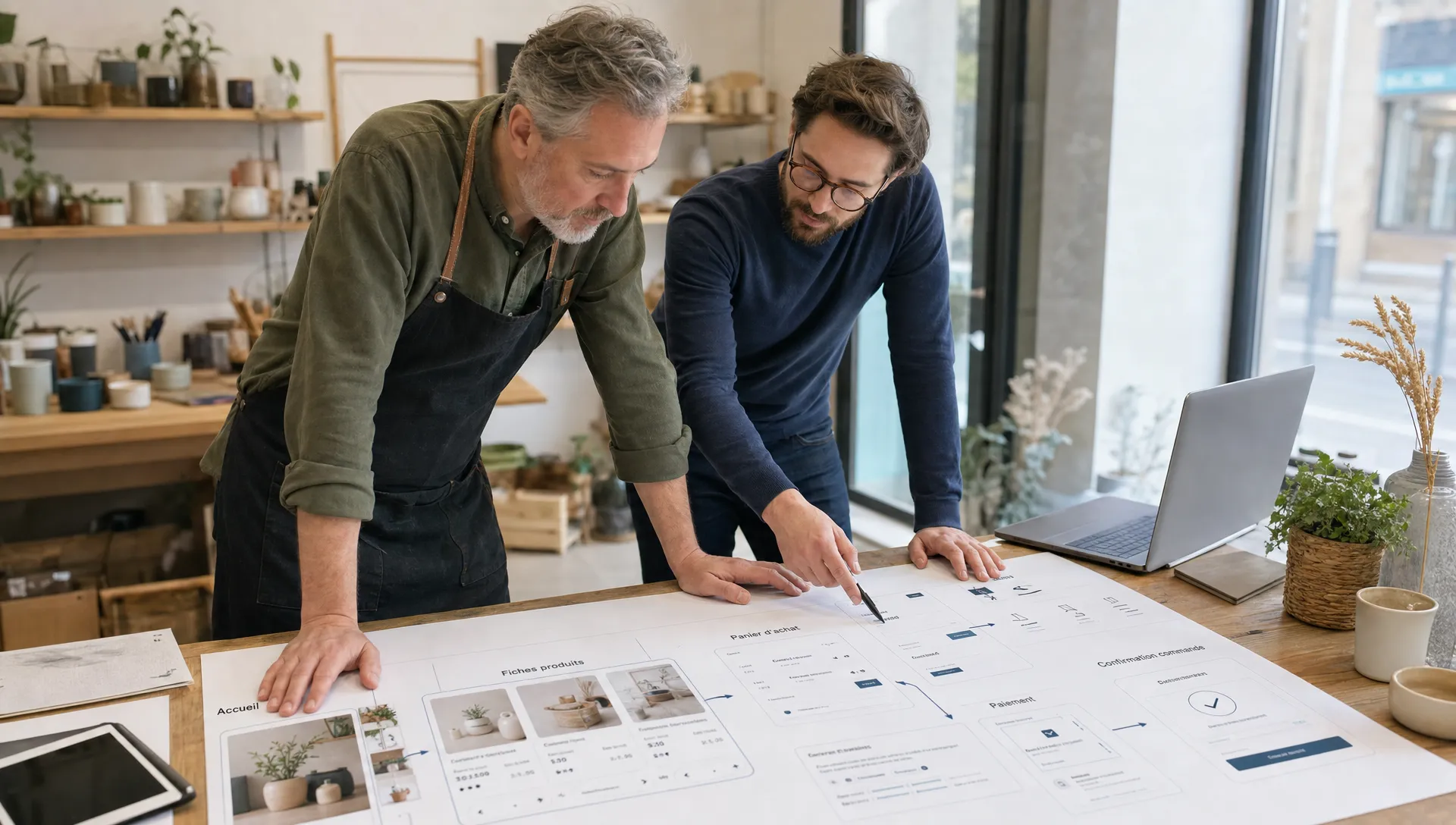 Un commerçant local et un développeur web examinent ensemble la structure d’une boutique en ligne, avec des fiches produits, un panier d’achat et des options de livraison représentés sur une grande table de travail dans un atelier lumineux.