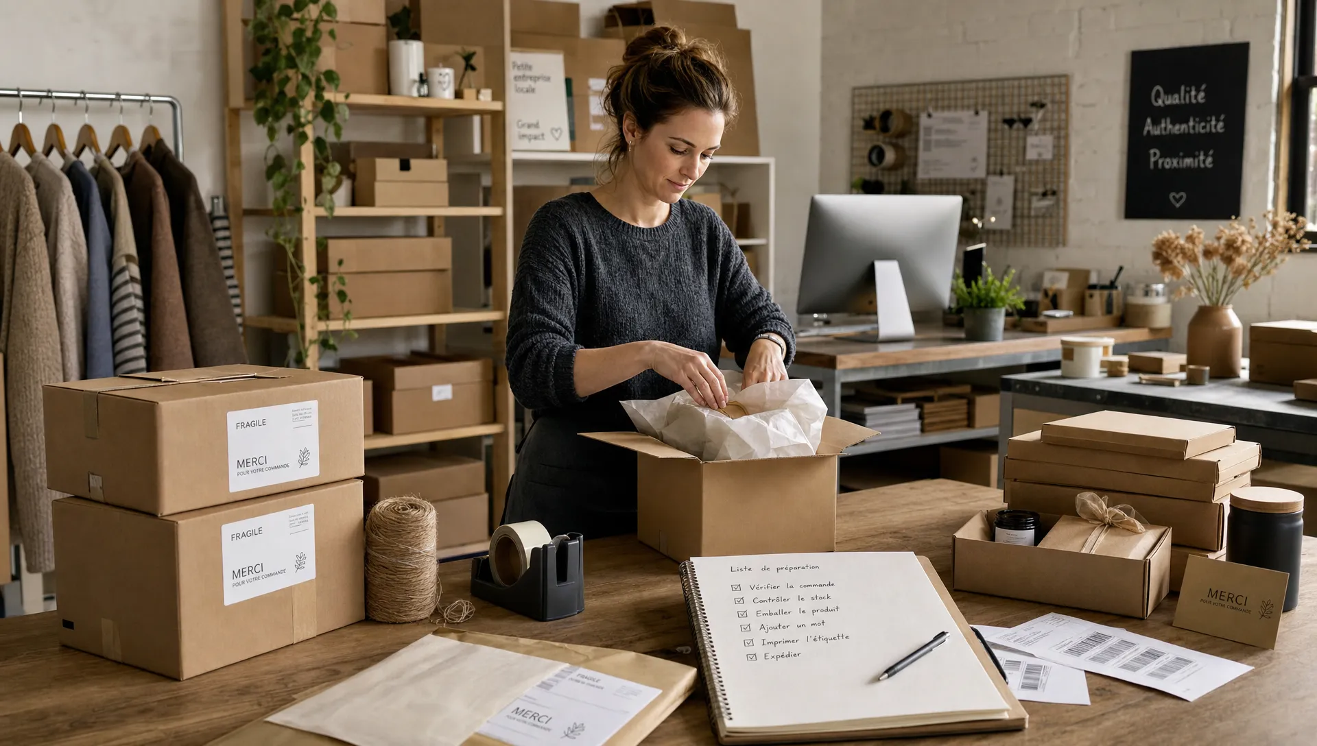 Vue large d’un espace de travail e-commerce dans un petit atelier de commerce, avec une seule personne adulte en train d’emballer une commande près d’un poste de préparation. Au premier plan, des boîtes, des étiquettes d’expédition, des emballages produits et une liste de contrôle manuscrite évoquent la gestion quotidienne d’une boutique en ligne. À l’arrière-plan, un ordinateur de bureau est visible de côté sur un comptoir, sans écran mis en avant, pour suggérer la boutique digitale, le suivi des commandes et la croissance d’une PME locale. Ambiance concrète, organisée et orientée opérations.