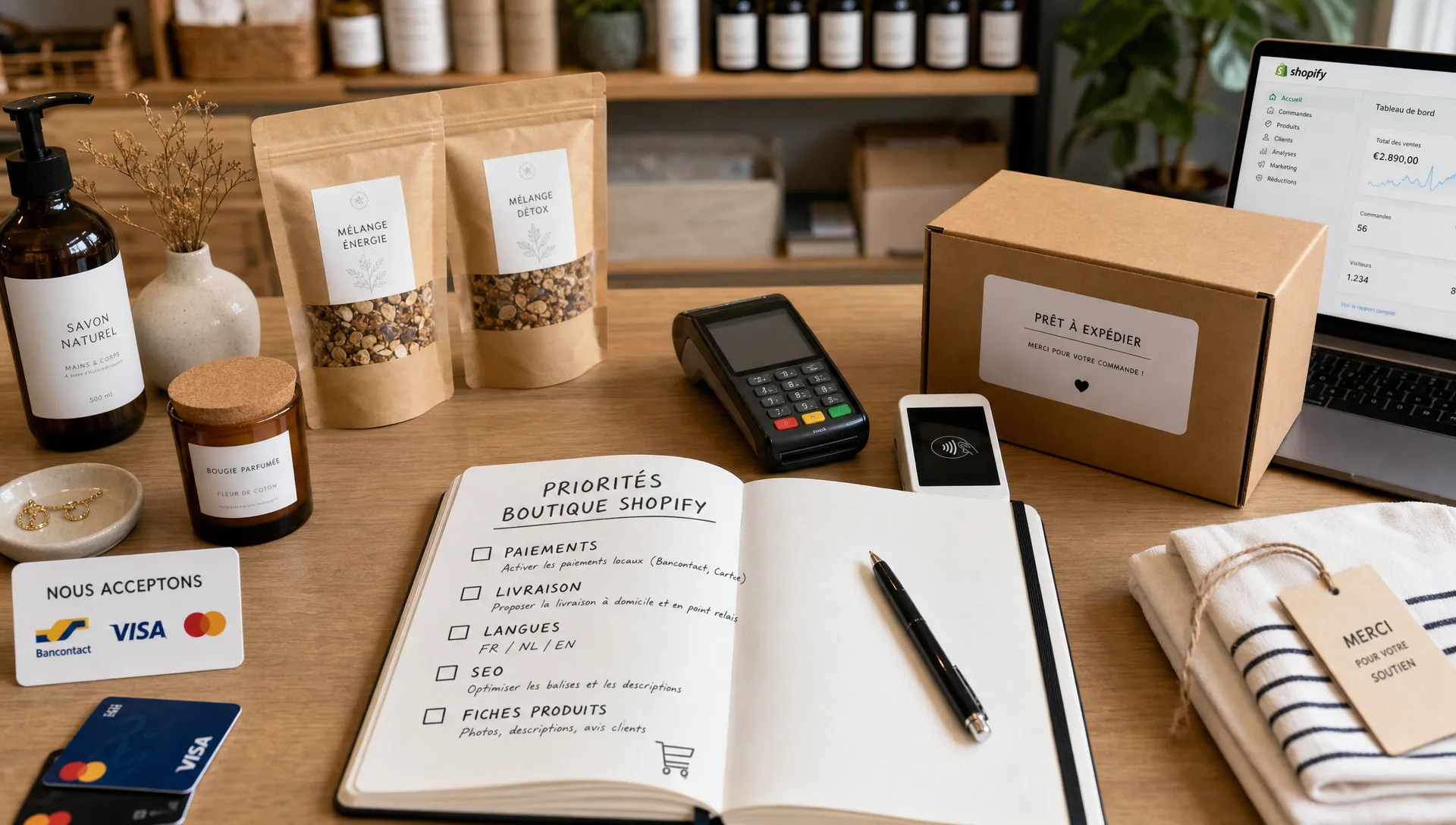 Un comptoir de boutique belge avec des produits emballés, des cartes de paiement, des colis prêts à expédier et un carnet de notes ouvert sur les priorités d’une boutique Shopify : paiements, livraison, langues, SEO et fiches produits.