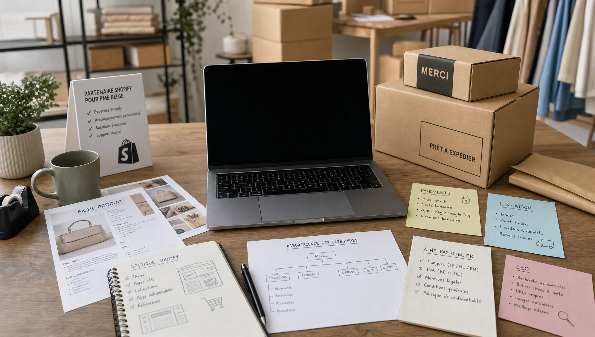 Vue large d’un ordinateur portable ouvert sur une table de préparation e-commerce, entouré d’une boutique en ligne en cours de cadrage : fiches produits imprimées, schéma de catégories, notes sur les paiements, la livraison, les langues, la TVA et le SEO, avec quelques colis prêts à partir en arrière-plan. Aucun écran n’affiche de contenu. La scène doit évoquer le choix d’un partenaire Shopify compétent pour une petite entreprise belge, dans un environnement intérieur crédible, sans personne dominante.